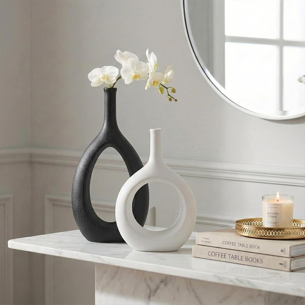 Black and White Ceramic Hollow Elliptical Vase Set of 2 - Boho Circle Vase with Hole, for Modern Black and White Table Decor, Living Room Decor Shelf mid Century Modern Home Entrance Decorative vase