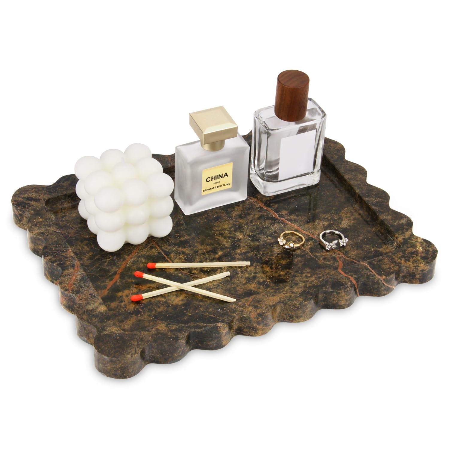 Square Marble Decorative Tray with Scalloped Edge,Luxury Natural Stone Bathroom Vanity Tray, Dresser Top Perfume Coffee Home Kitchen Sink Tray, Key Trinket Ring (Rosso Lepanto, 8 * 8)