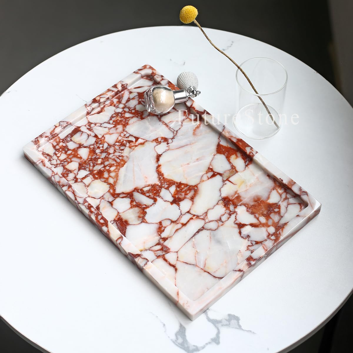 Real Luxurious Natural Marble Vanity Tray Genuine Marble Storage Tray for Home Decor Stone Tray for Bathroom/Kitchen/Vanity/Dresser,Plate Holder for Tissues, Candles, Towel