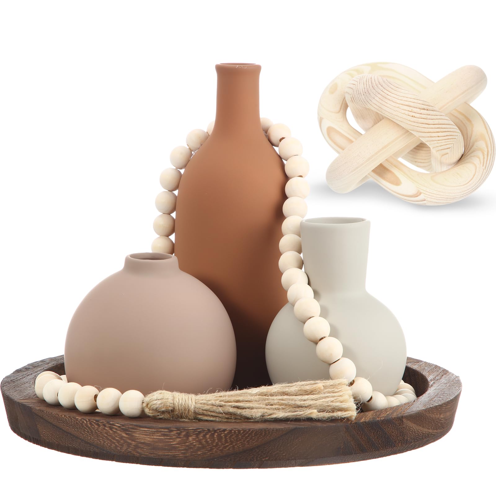 6 Pieces Ceramic Vase Set for Table Centerpieces Decor Include Wood Chain Link Bead Garland Boho Rustic Serving Tray for Home Table Living Room Dining Decoration(White)