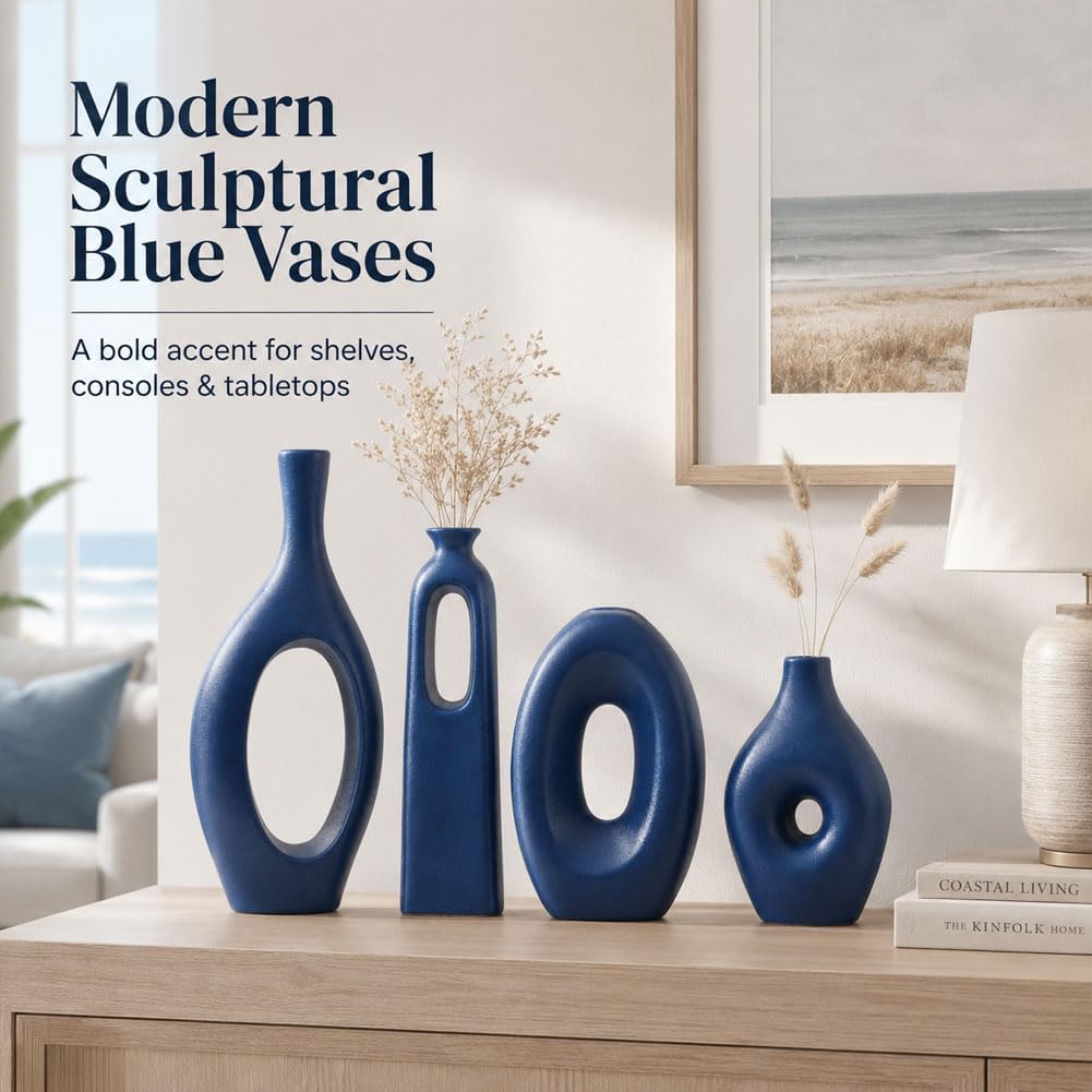 Blue Ceramic Vase Set of 4 - Round Hollow Boho Vases for Pampas Grass and Flowers Decor, Modern Minimalist Small Vases for Living Room, Bedroom, Fireplace, Coffee Table Decor and Centerpieces