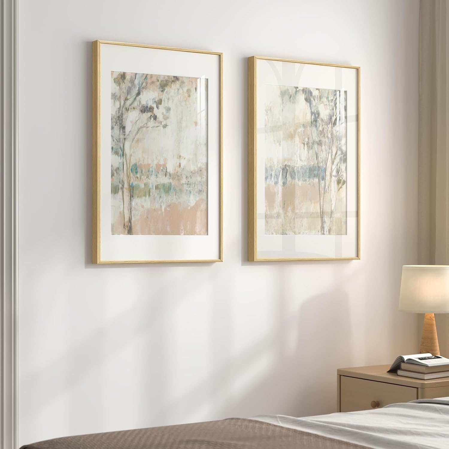 Framed Neutral Abstract Landscape Wall Art for Living Room, Large Set of 2 Minimalist Tree Canvas Artwork for Walls, Modern Nature Scenic Paintings Prints Wall Decor for Bedroom Home Office, 20x30 In