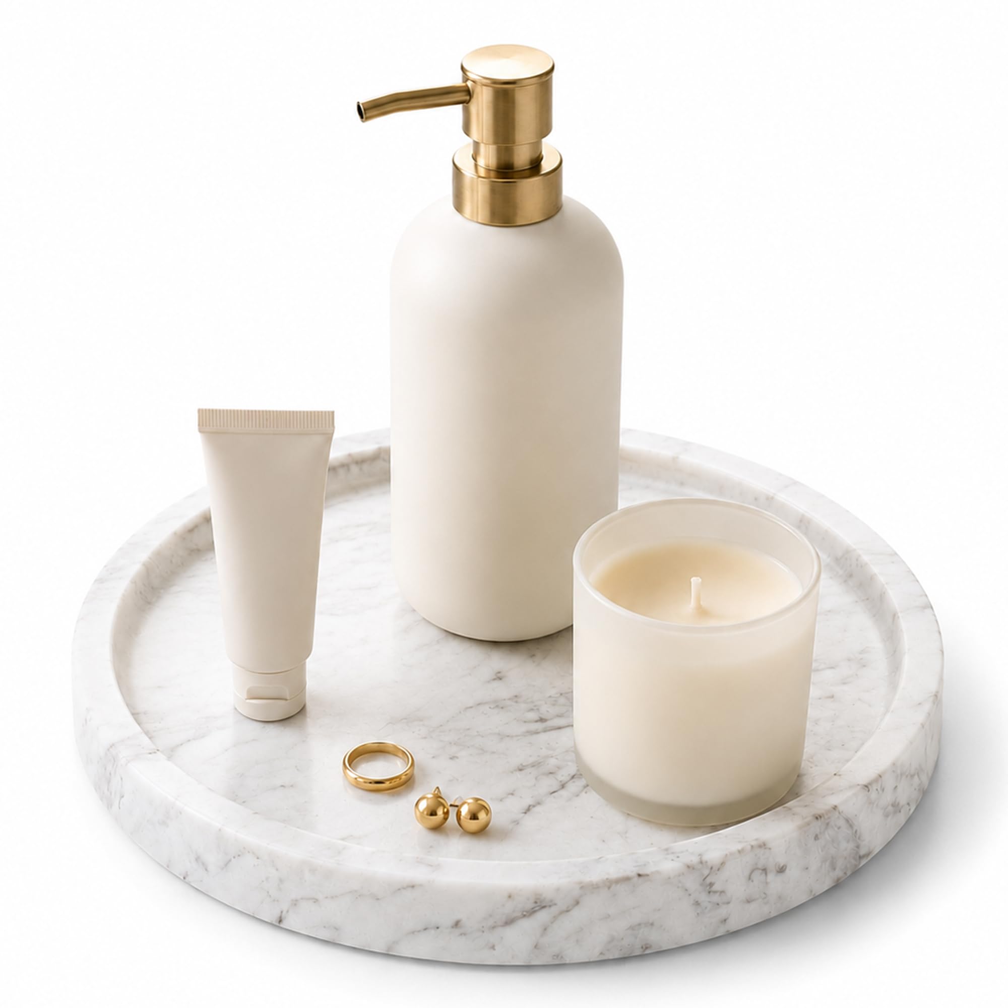 Natural Marble Vanity Tray for Bathroom Kitchen Dresser, Travertine Stone Decorative Trays for Jewelry, Perfume, Cosmetic, Candle, Round Countertop Storage Organizer for Home Decor Beige (WH019)