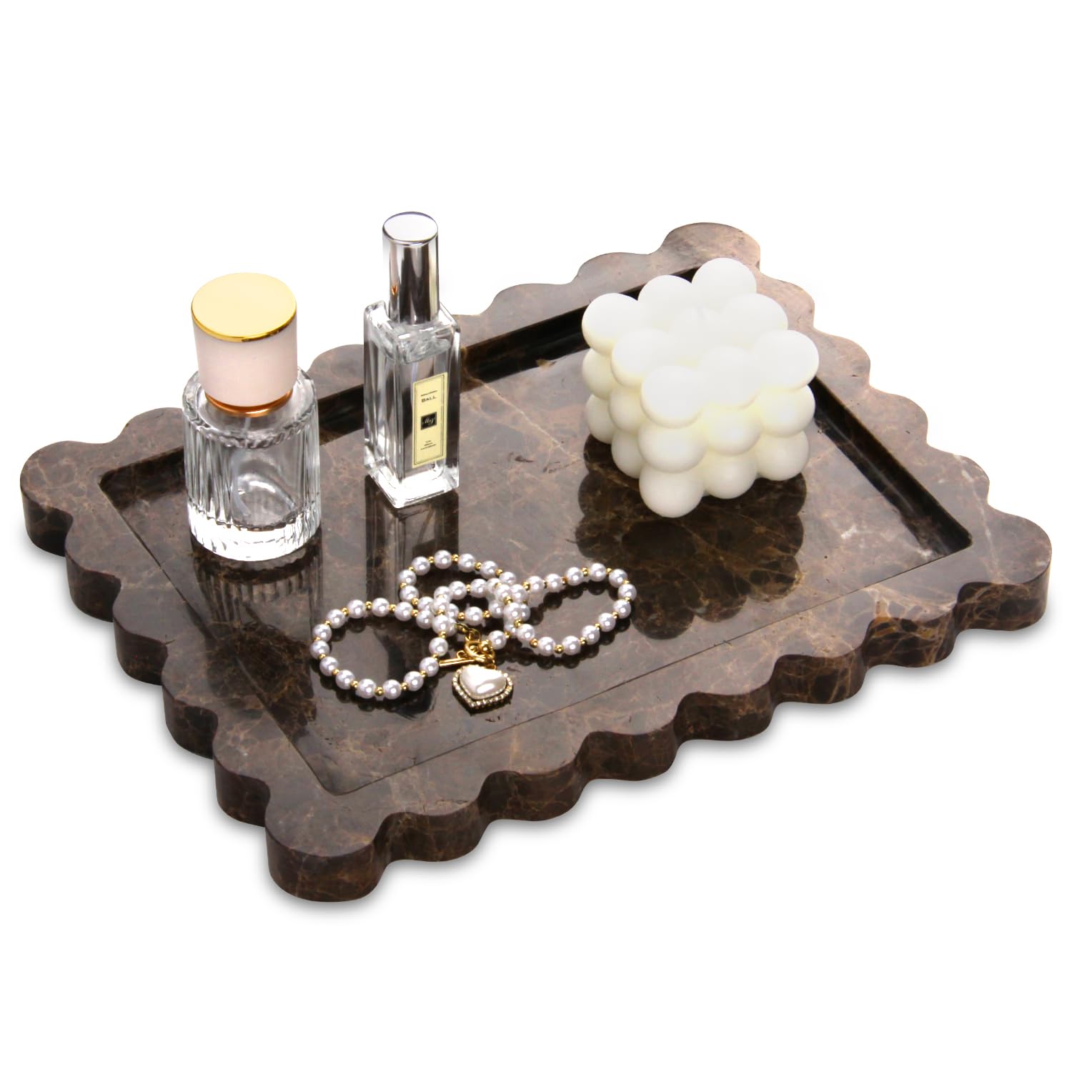 Square Marble Decorative Tray with Scalloped Edge,Luxury Natural Stone Bathroom Vanity Tray, Dresser Top Perfume Coffee Home Kitchen Sink Tray, Key Trinket Ring (Rosso Lepanto, 8 * 8)