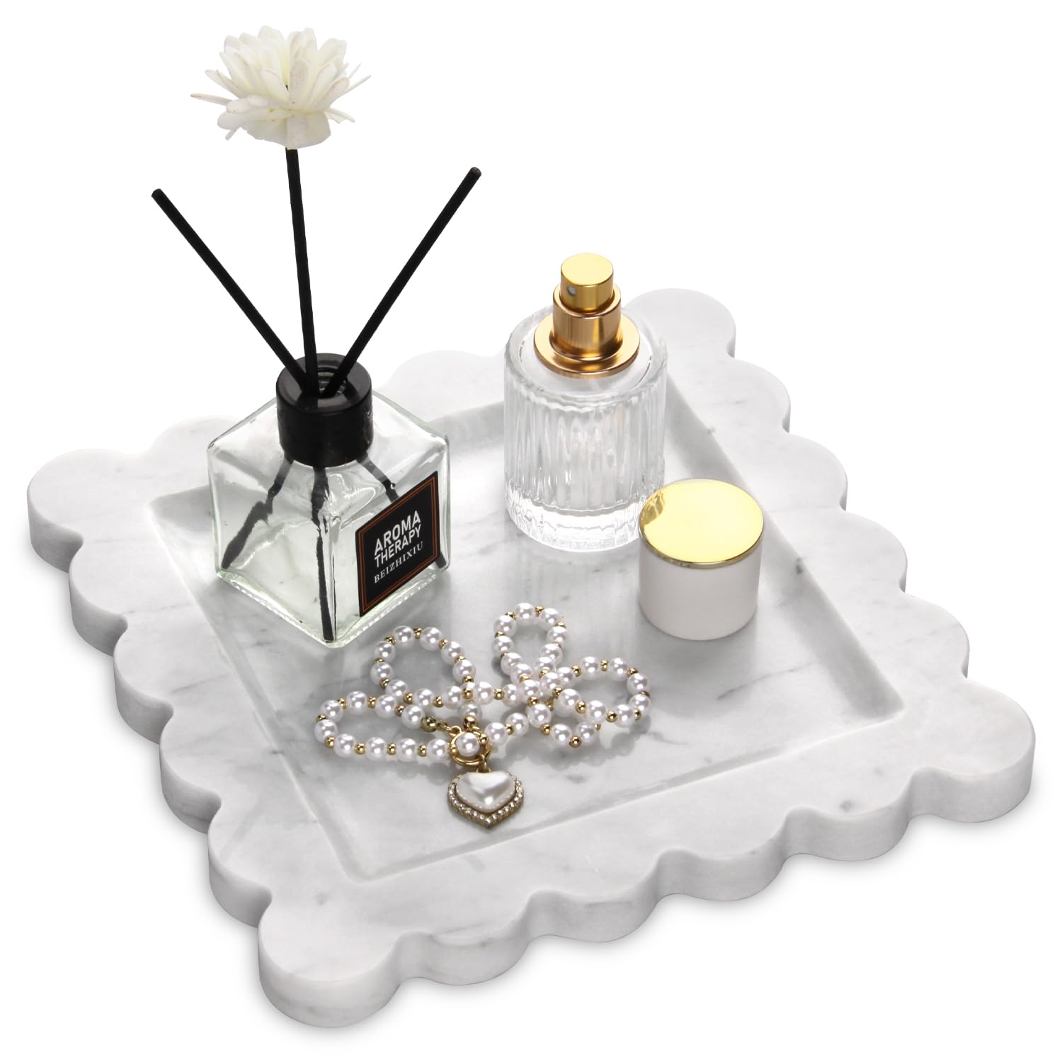 Square Marble Decorative Tray with Scalloped Edge,Luxury Natural Stone Bathroom Vanity Tray, Dresser Top Perfume Coffee Home Kitchen Sink Tray, Key Trinket Ring (Rosso Lepanto, 8 * 8)