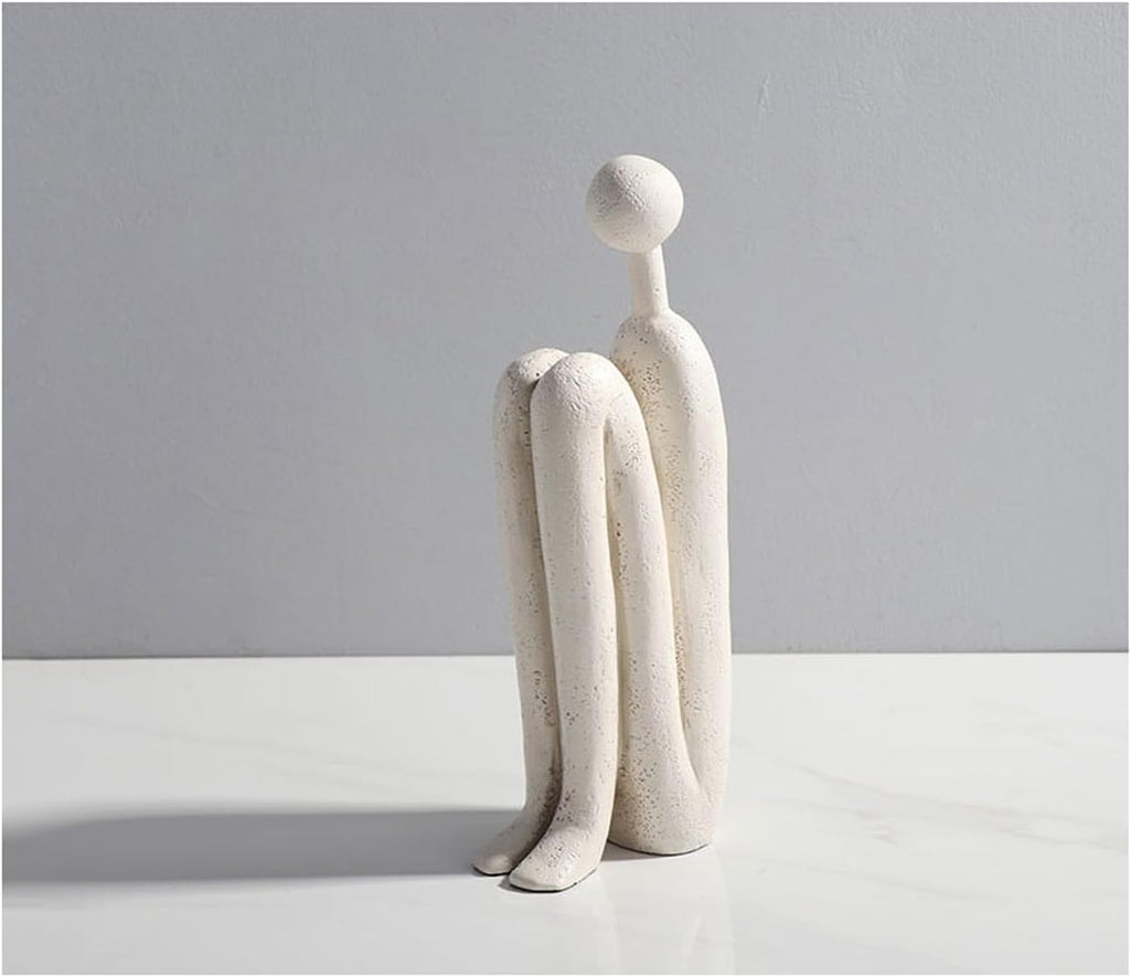 Abstract Matchstick Man Sculpture - Minimalist Modern Resin Figurine Bookend, Geometric Decor for Living Room and Study, 8-10 Inches (White Head Up)