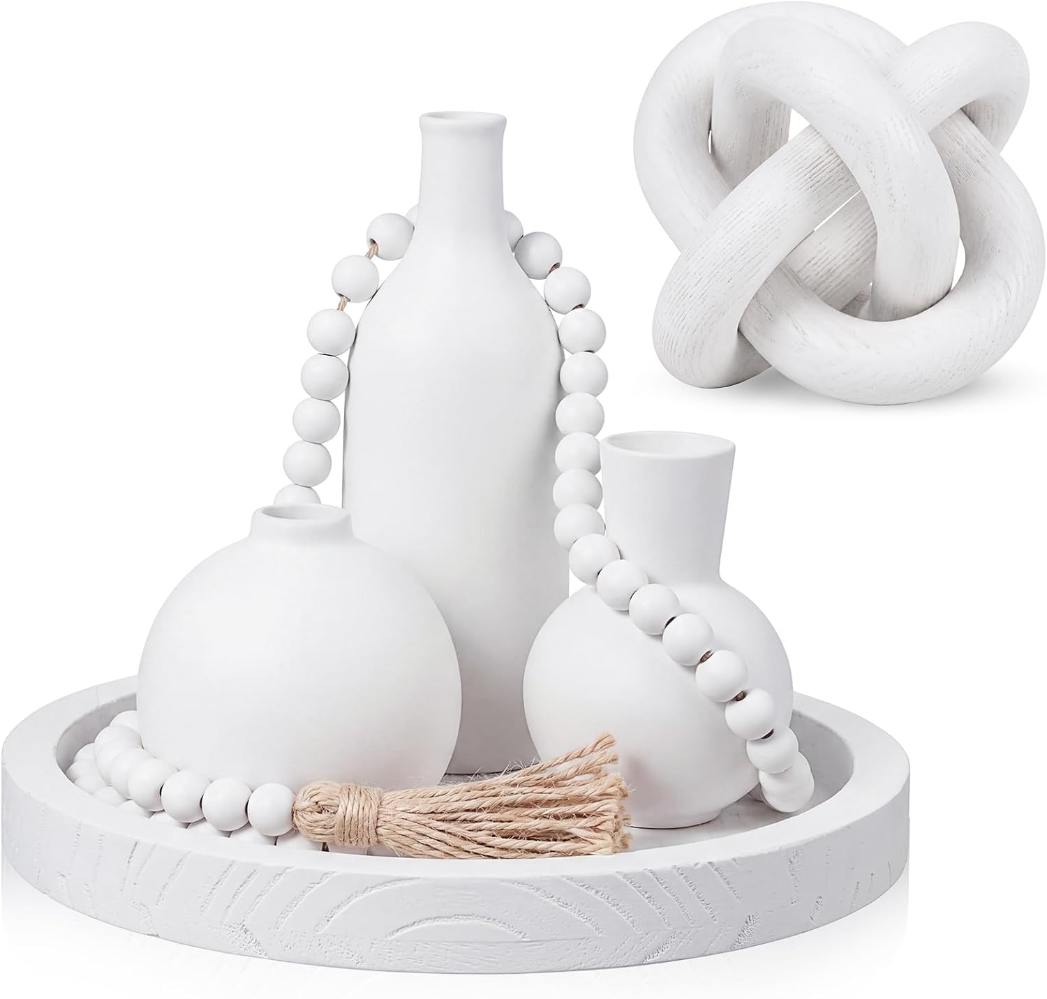6 Pieces Ceramic Vase Set for Table Centerpieces Decor Include Wood Chain Link Bead Garland Boho Rustic Serving Tray for Home Table Living Room Dining Decoration(White)