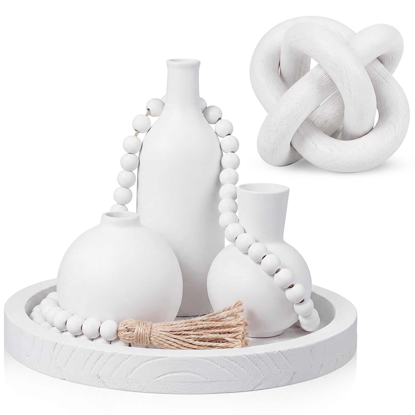 6 Pieces Ceramic Vase Set for Table Centerpieces Decor Include Wood Chain Link Bead Garland Boho Rustic Serving Tray for Home Table Living Room Dining Decoration(White)