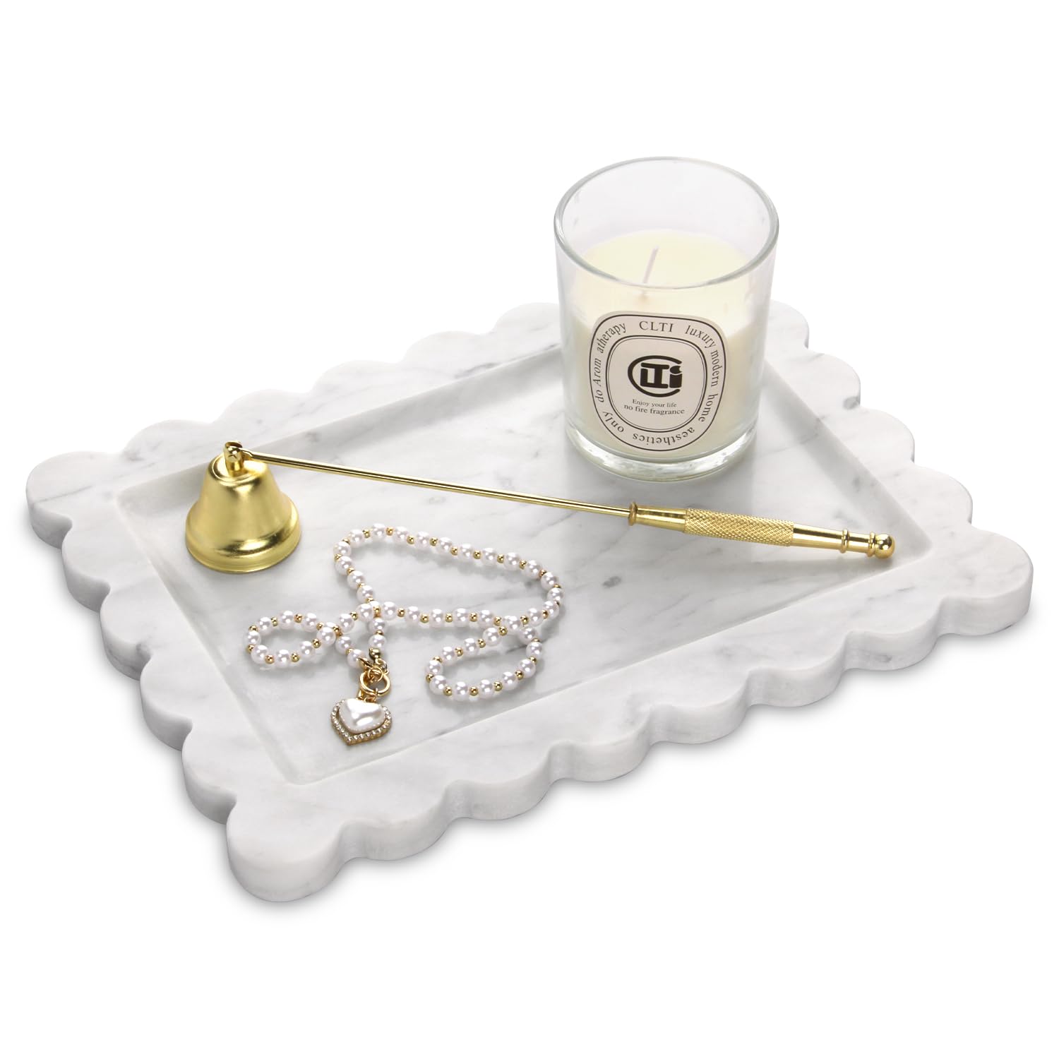 Square Marble Decorative Tray with Scalloped Edge,Luxury Natural Stone Bathroom Vanity Tray, Dresser Top Perfume Coffee Home Kitchen Sink Tray, Key Trinket Ring (Rosso Lepanto, 8 * 8)