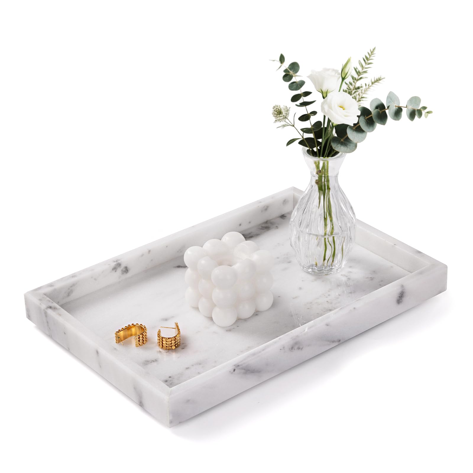 Marble Bathroom Tray for Countertop & Home Decor, Natural Decorative Marble Tray for Jewelry & Perfume Organizer, Luxury Stone Vanity Trays for Dresser, Kitchen Counter, 12" x 8", Gray Black