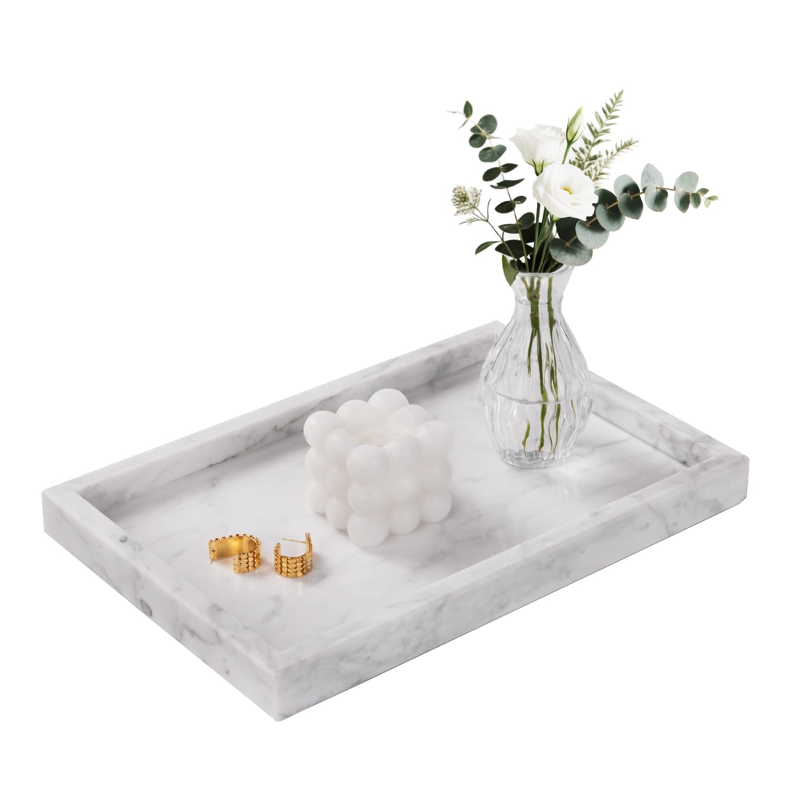 Marble Bathroom Tray for Countertop & Home Decor, Natural Decorative Marble Tray for Jewelry & Perfume Organizer, Luxury Stone Vanity Trays for Dresser, Kitchen Counter, 12" x 8", Gray Black
