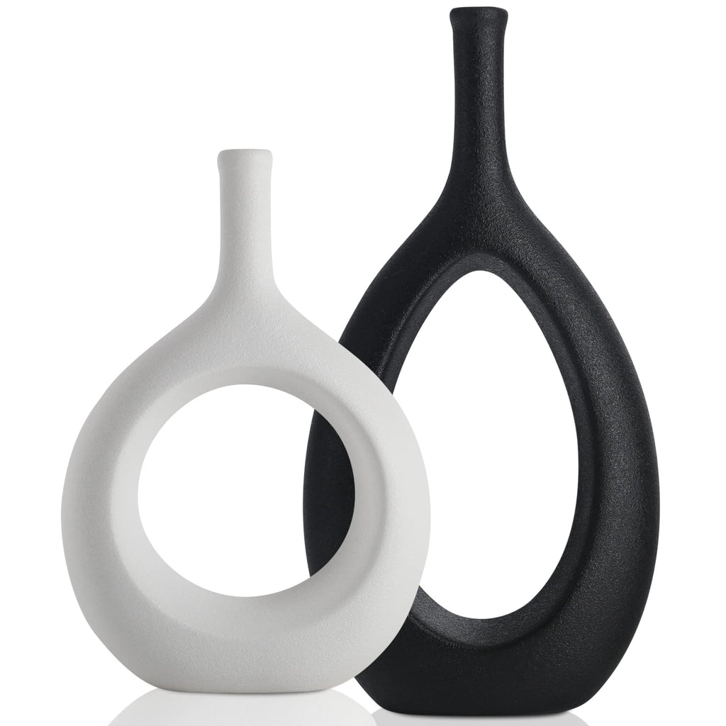 Black and White Ceramic Hollow Elliptical Vase Set of 2 - Boho Circle Vase with Hole, for Modern Black and White Table Decor, Living Room Decor Shelf mid Century Modern Home Entrance Decorative vase