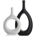 Black and White Ceramic Hollow Elliptical Vase Set of 2 - Boho Circle Vase with Hole, for Modern Black and White Table Decor, Living Room Decor Shelf mid Century Modern Home Entrance Decorative vase