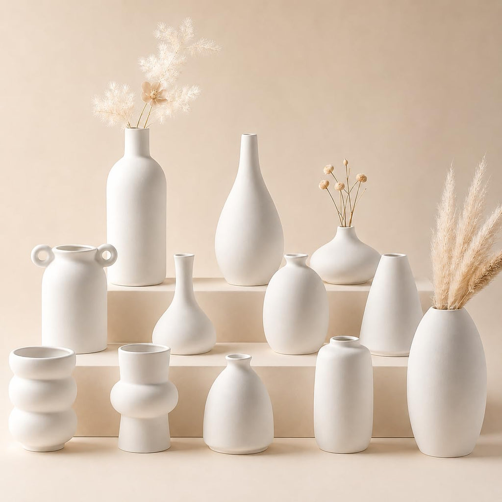 Set of 16 White Ceramic Bud Vases, Minimalist Boho Small Pampas Grass Flower Vase for Farmhouse Home Decor, Wedding Centerpiece, Shelf and Table Decoration