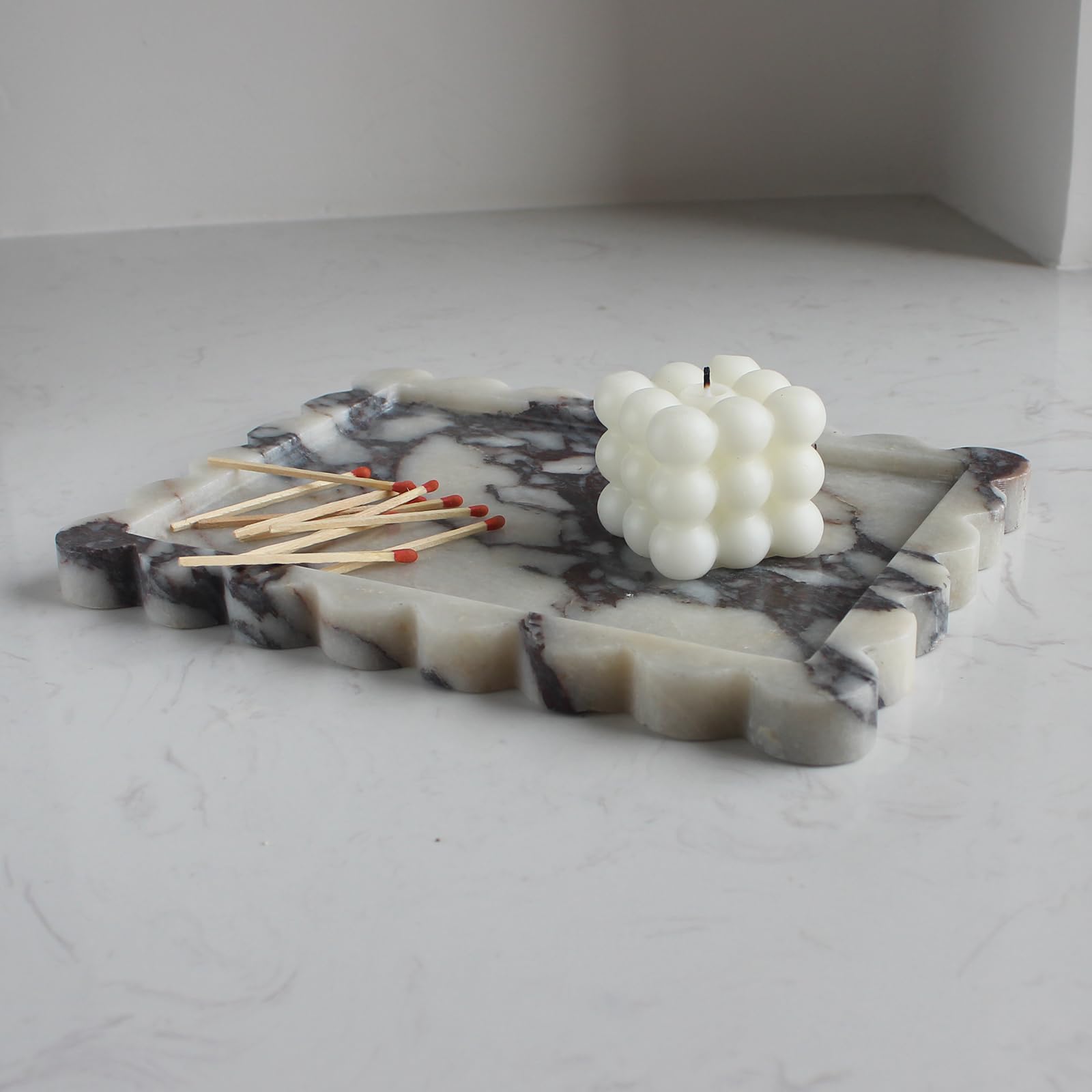 Natural Luxury Scalloped Marble Tray 10.8"x8", Rectangle Vanity Tray for Bathroom Kitchen Counter, Decorative Tray for Dresser Home Decor - Rainforest Green