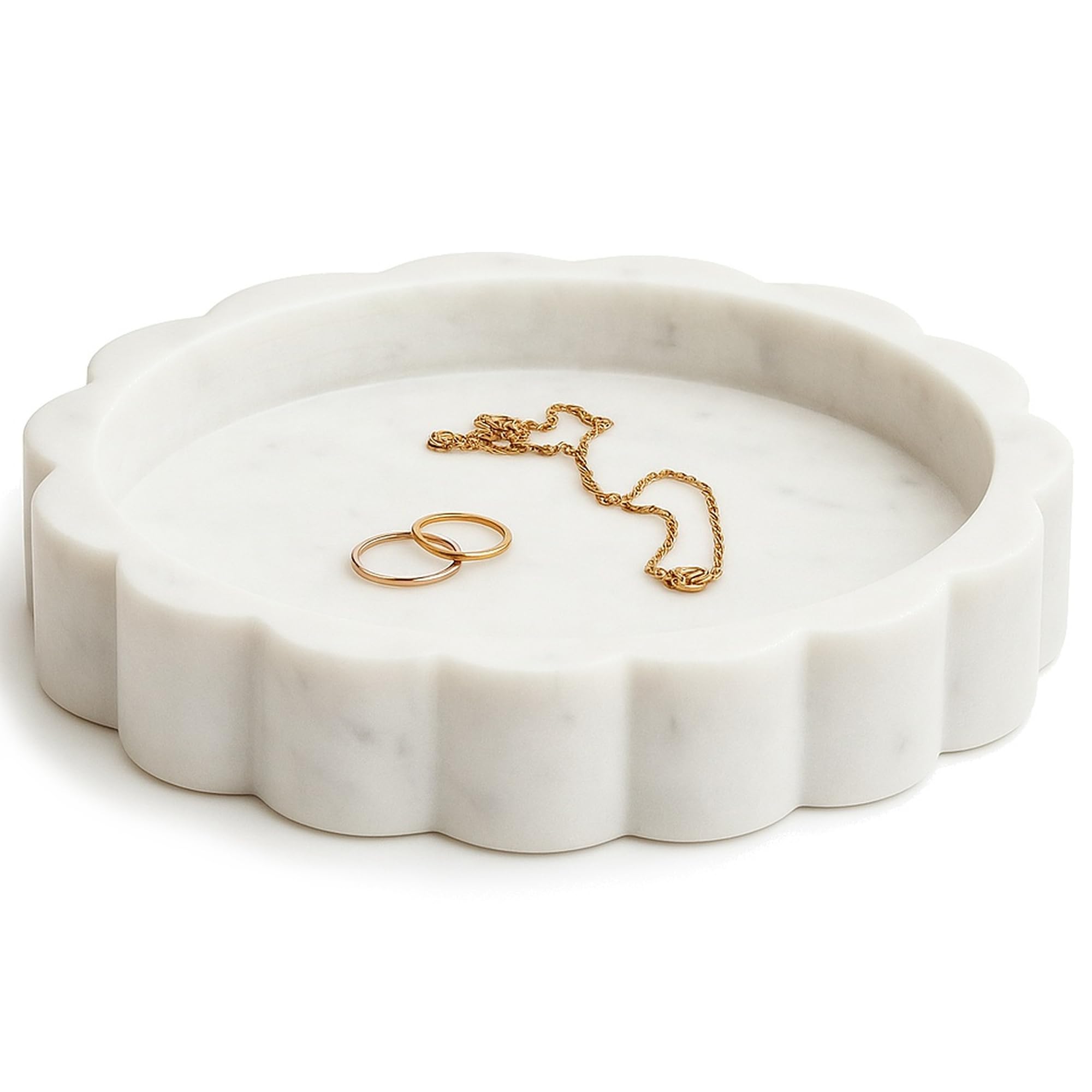 Beige Scalloped Marble Tray - 8 Inch Round Stone Vanity Tray for Perfume & Jewelry, Marble Dish for Bathroom Countertop & Kitchen Counter, Brown Decorative Tray for Bathroom & Kitchen, Modern Catchall