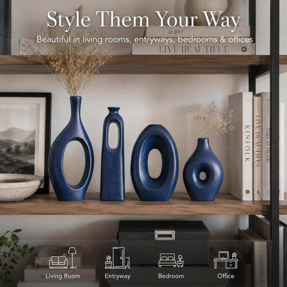 Blue Ceramic Vase Set of 4 - Round Hollow Boho Vases for Pampas Grass and Flowers Decor, Modern Minimalist Small Vases for Living Room, Bedroom, Fireplace, Coffee Table Decor and Centerpieces