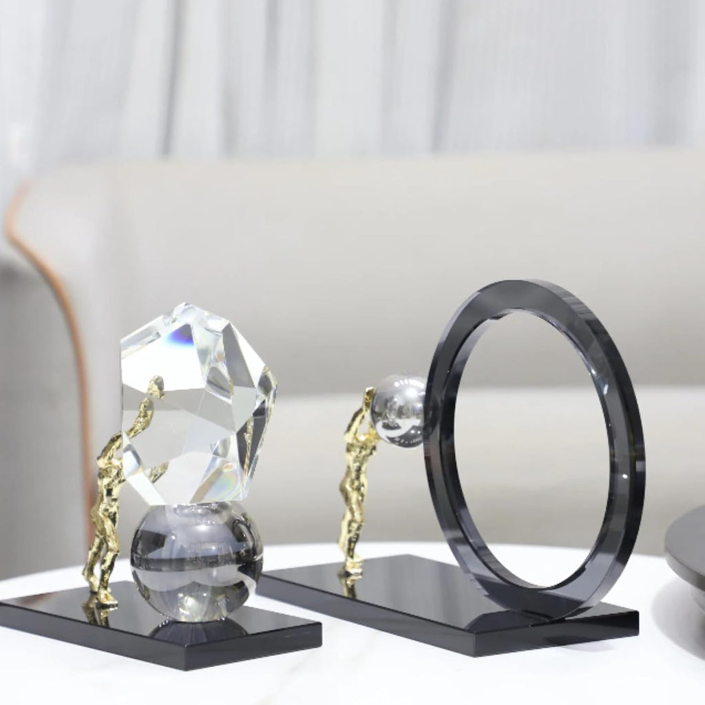 Abstract Atlas Crystal & Metal Sculpture – Handmade Modern Art Figurine, Geometric Crystal Stone Statue for Home Office Decoration & Collectible Gift (7.9'' x 4.1'' x 7.9'', 6 lbs)