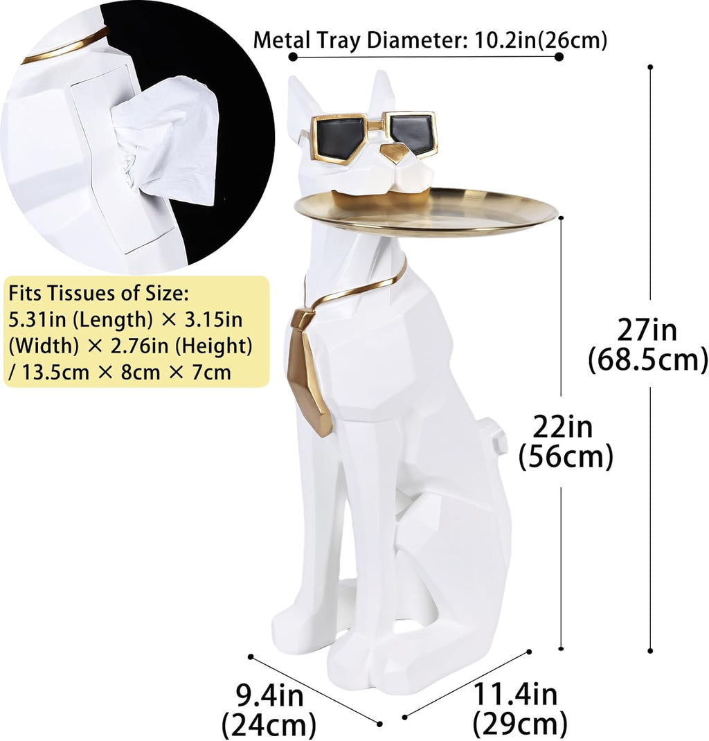 27in Resin Dog Sculpture Tray Table | Dog Decor, Butler Statue with Tray, Statue Tissue Holder, Animal Side Coffee Table, Geometric Figurines, Doberman Gifts, Floor Decor