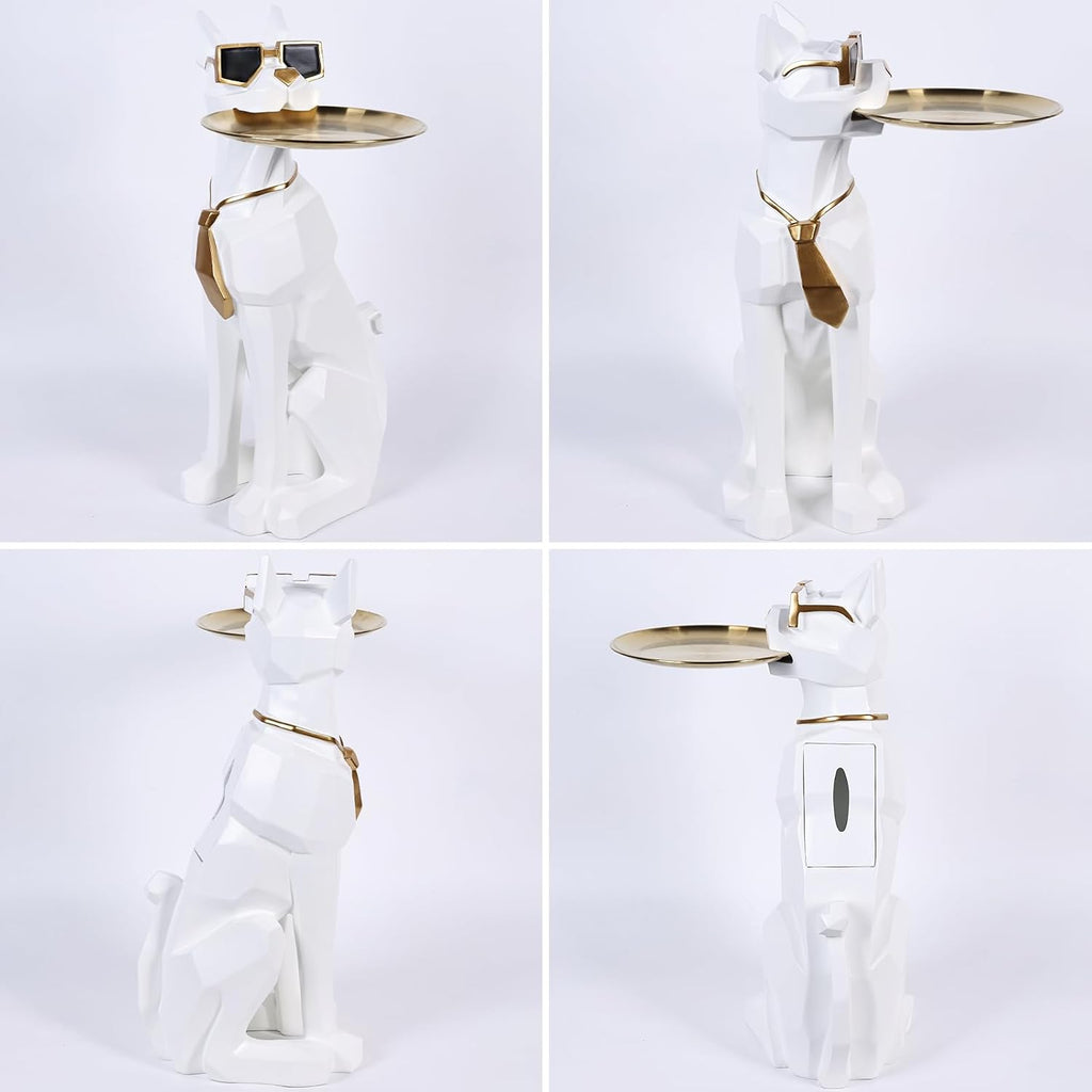 27in Resin Dog Sculpture Tray Table | Dog Decor, Butler Statue with Tray, Statue Tissue Holder, Animal Side Coffee Table, Geometric Figurines, Doberman Gifts, Floor Decor