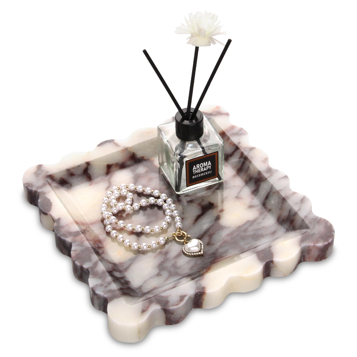 Square Marble Decorative Tray with Scalloped Edge,Luxury Natural Stone Bathroom Vanity Tray, Dresser Top Perfume Coffee Home Kitchen Sink Tray, Key Trinket Ring (Rosso Lepanto, 8 * 8)