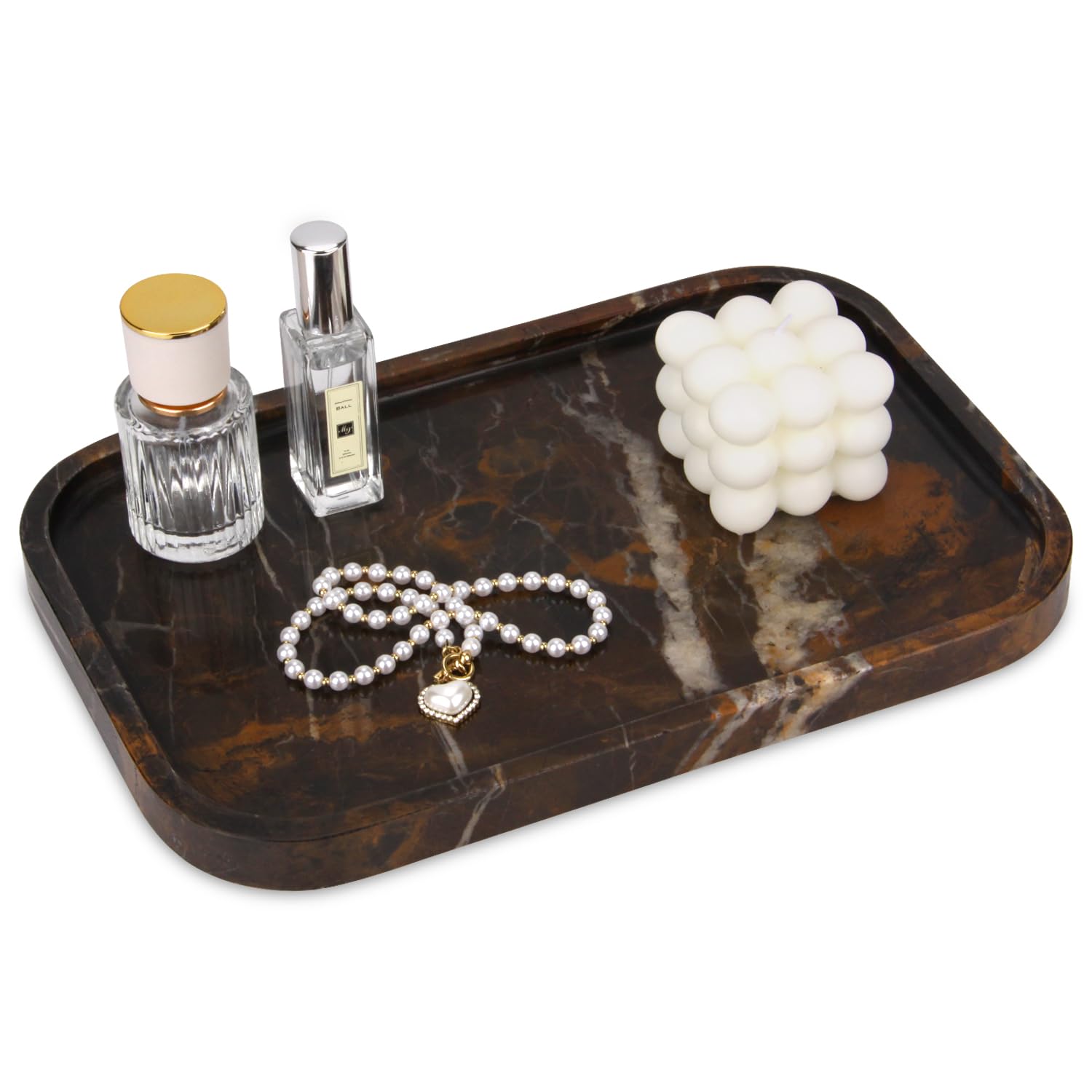 Marble Bathroom Vanity Tray, Natural Marble Home Kitchen Table Tray, Stone Decorative Countertop Serving Organizer for Dresser Coffee Perfume Jewelry Makeup (1, Dark Brown L, 12 * 8 * 0.8)