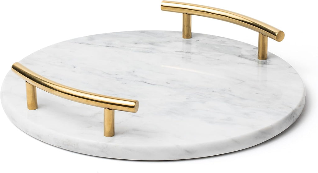 White Marble Tray with Gold Handles - Elegant Solid Marble - Chic Modern Elegant Round Vanity Tray for Bathroom