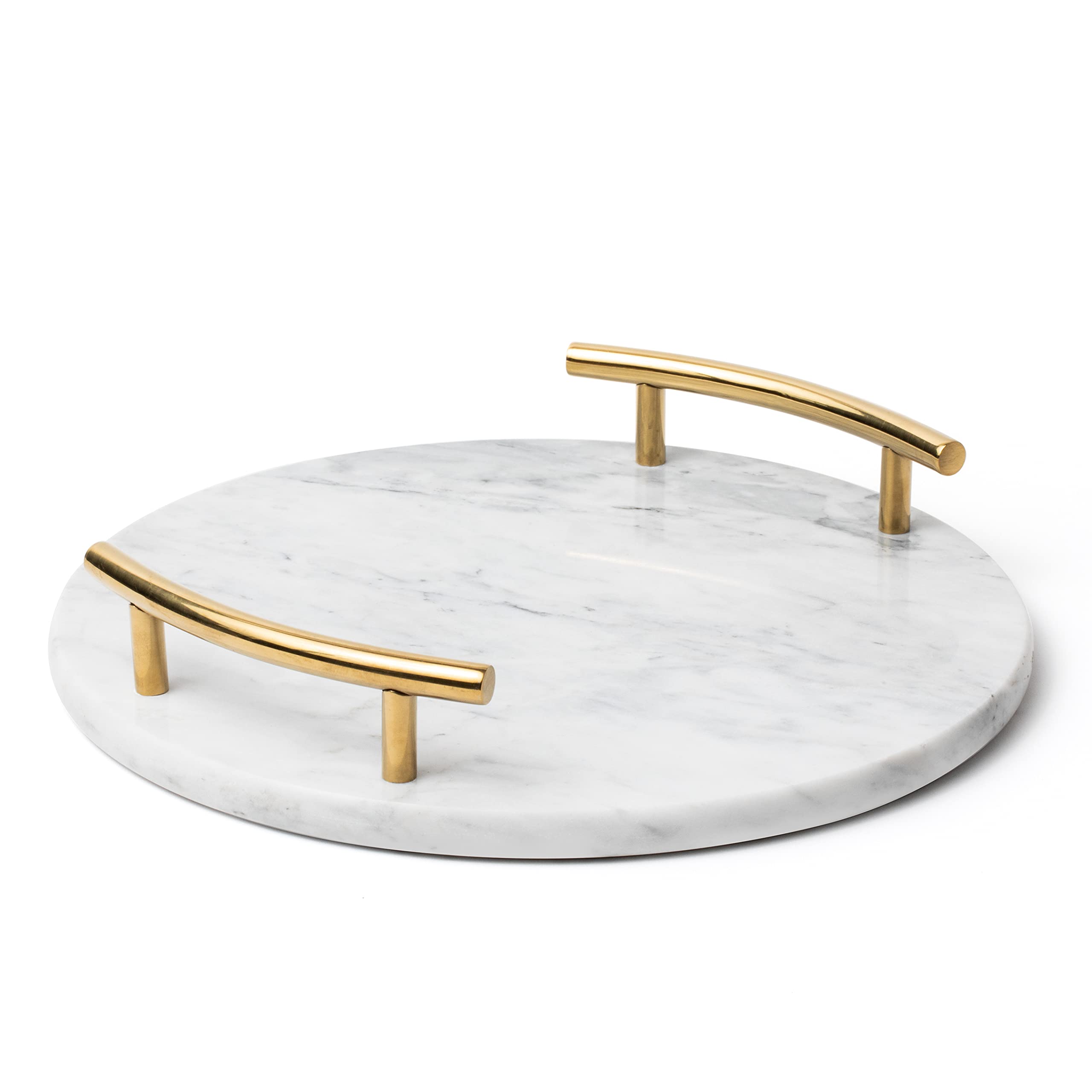 White Marble Tray with Gold Handles - Elegant Solid Marble - Chic Modern Elegant Round Vanity Tray for Bathroom