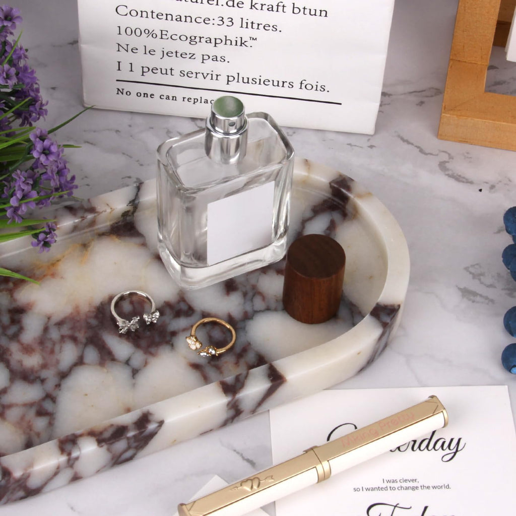 Natural Marble Tray Oval, Bathroom Vanity Tray for Countertop, Elegant Stone Decorative Organizer for Perfume, Jewelry, Home Decor (1, Calacatta Viola, 10 x 5 x 0.6)