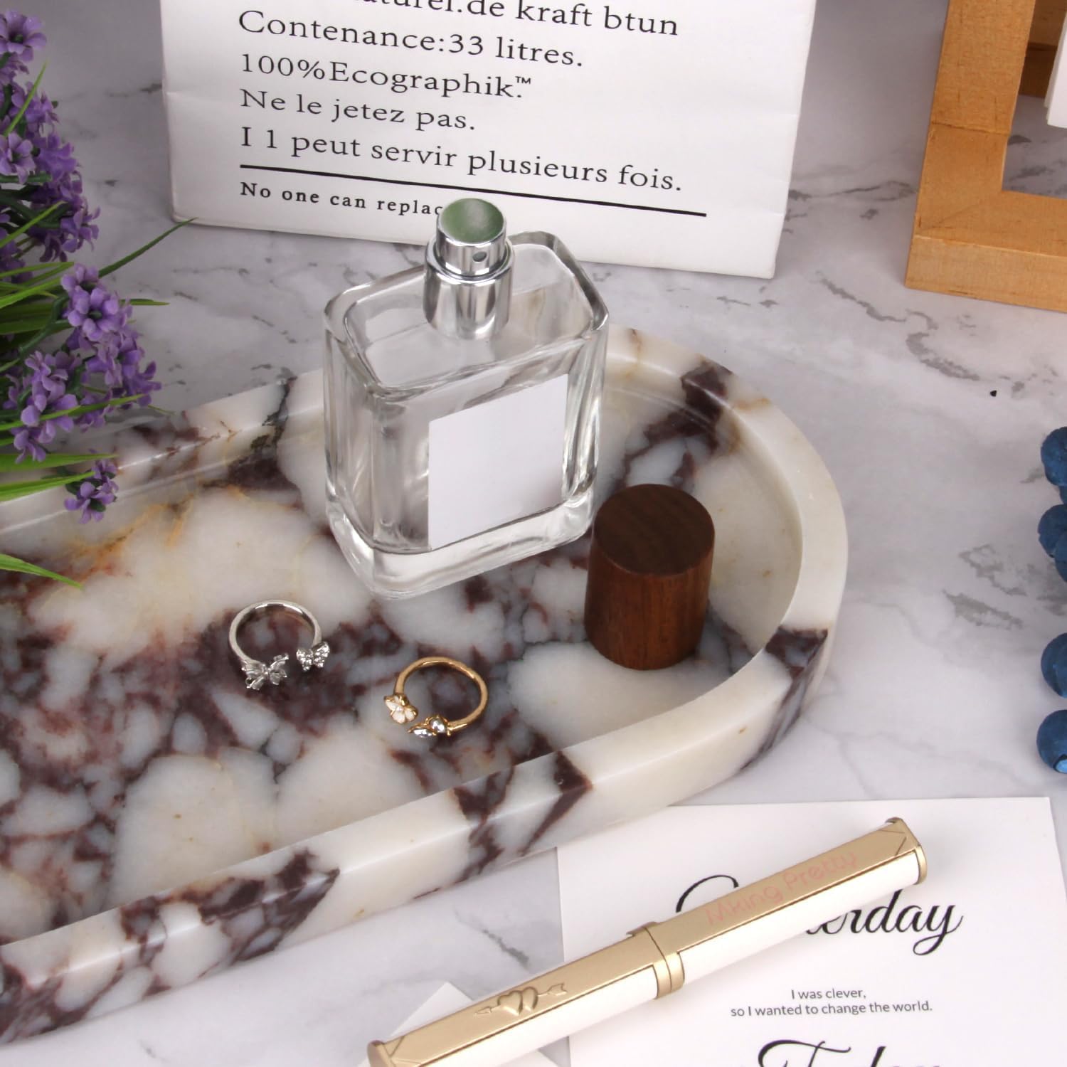 Natural Marble Tray Oval, Bathroom Vanity Tray for Countertop, Elegant Stone Decorative Organizer for Perfume, Jewelry, Home Decor (1, Calacatta Viola, 10 x 5 x 0.6)