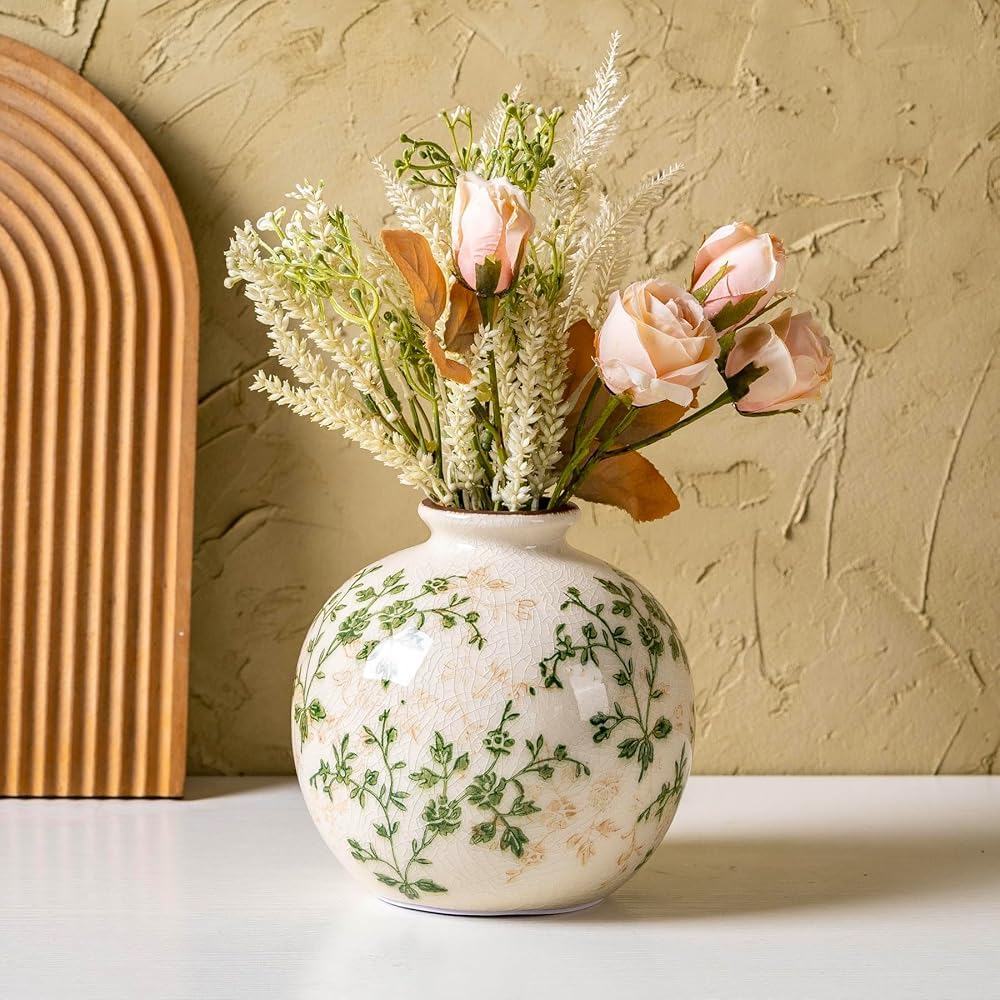 Ceramic Flower Vases Set of 3 | Green Rustic Farmhouse Vase Set for Home Decor, Vintage Floral Decorative Vase for Living Room & Kitchen, Mantel & Bookshelf, Centerpieces, Entryway(5.9+7.9+9.9Inch)