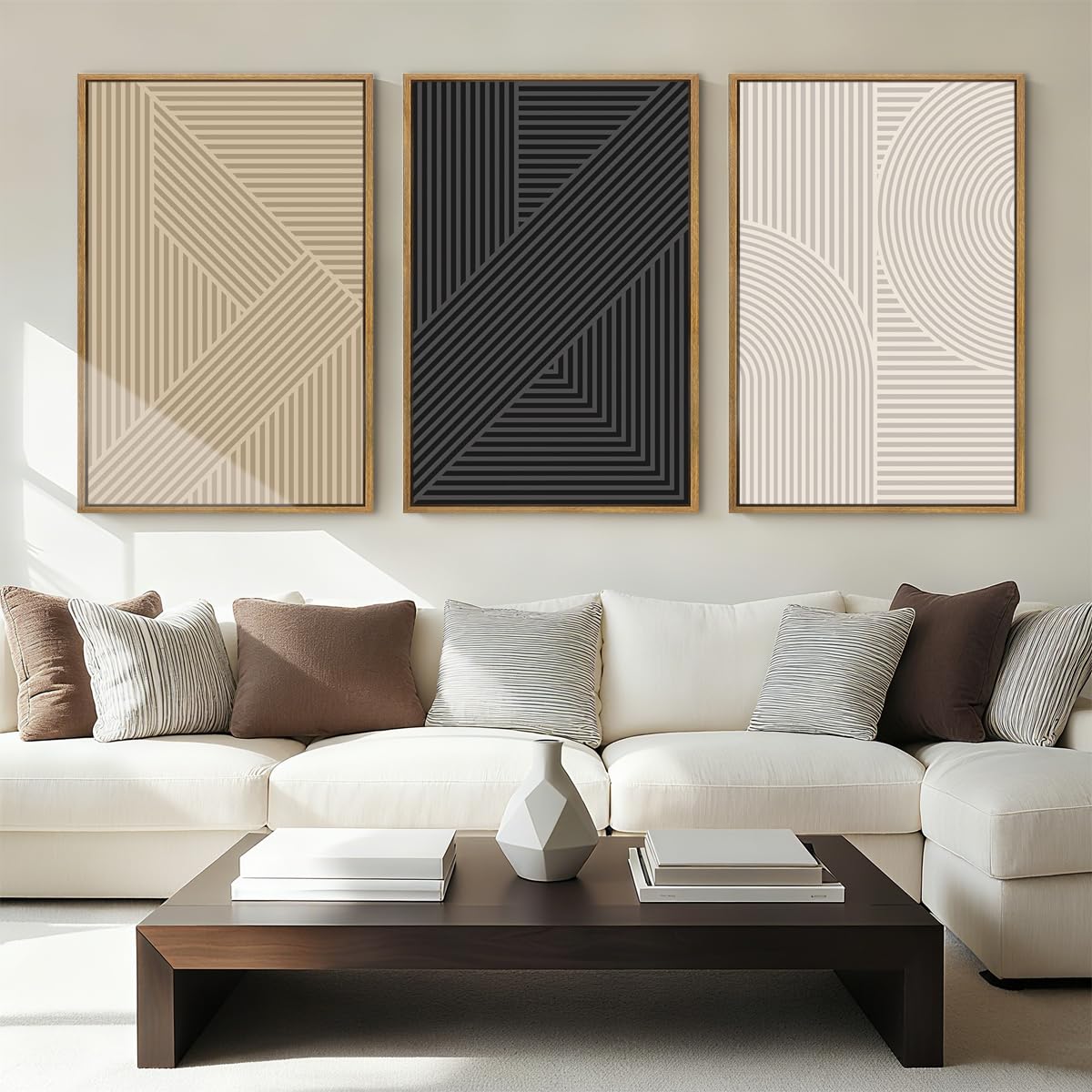 Large Abstract Paintings Framed Neutral Canvas Prints Mid Century Modern Wall Art Abstract Wall Decor Neutral Wall Pictures Elegant Modern Paintings for Living Room Bedroom Bathroom Office 36x24 Inch 3 Piece