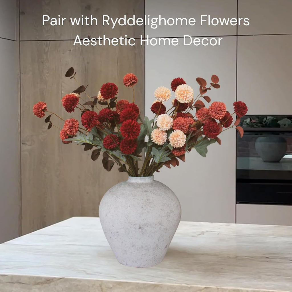 Handemade Large Round Vase for Centerpieces, White Rustic Vase Farmhouse Decor, Distressed Textured for Home Decorations, Earthy Room Decor Aesthetic, Stone Look Ceramic Clay Pottery, 9 inch