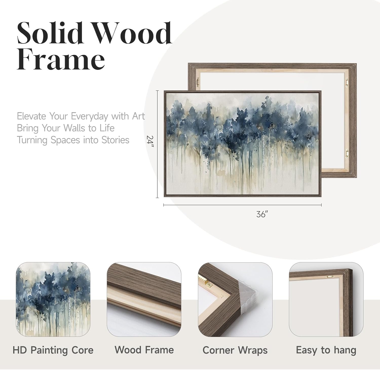 Framed Blue Abstract Forest Wall Art, Horizontal Watercolor Canvas Artwork for Walls, Modern Picture Print Wall Decor, Abstract Landscape Artwork for Living Room Bedroom Office Dining Room, 24x36 Inch