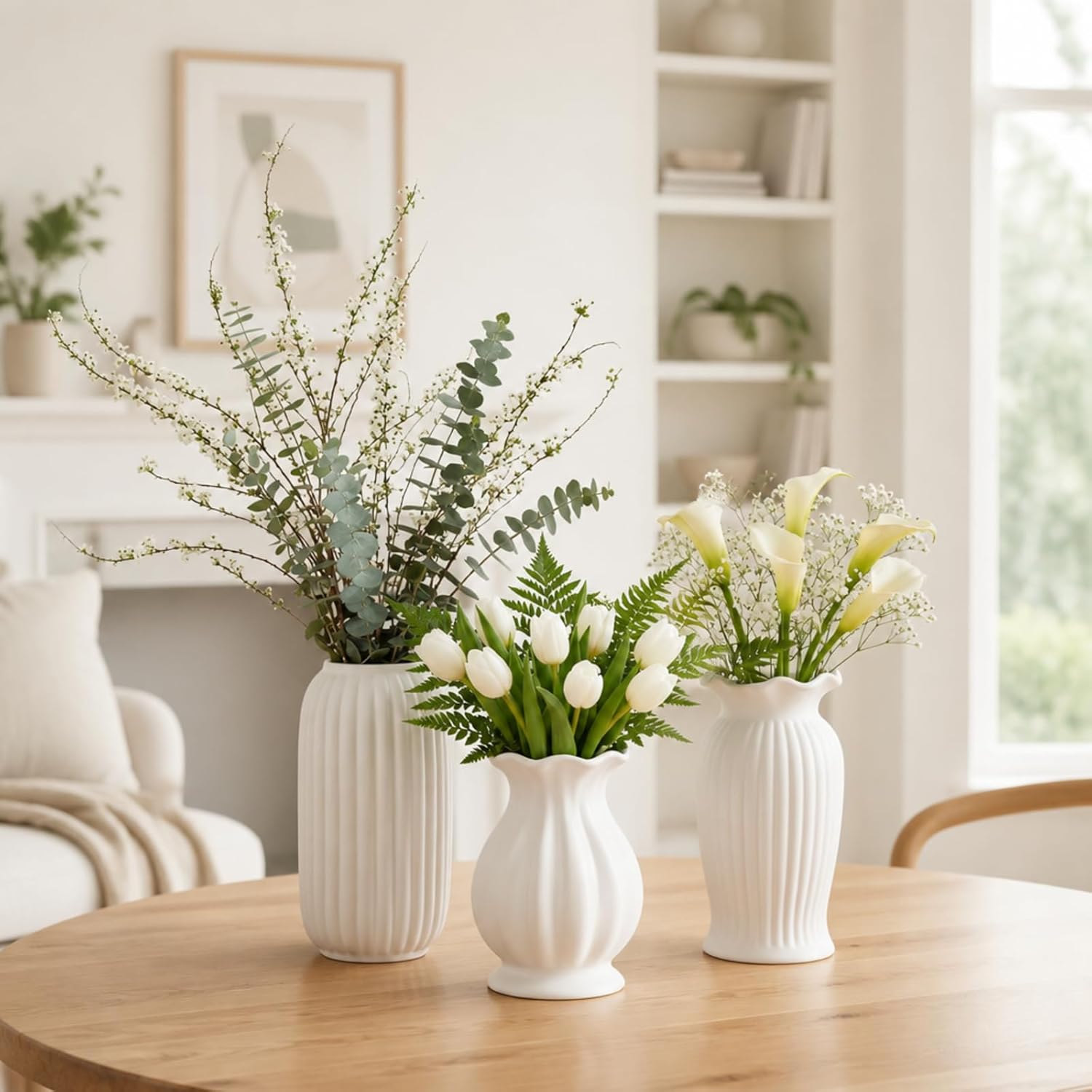 3 Pcs Vase Modern Fluted Ribbed Textured Boho Decorative Vase for Flowers Living Room Home Cabinet Table Centerpieces Wedding Kitchen Office(Milk White Vertical)