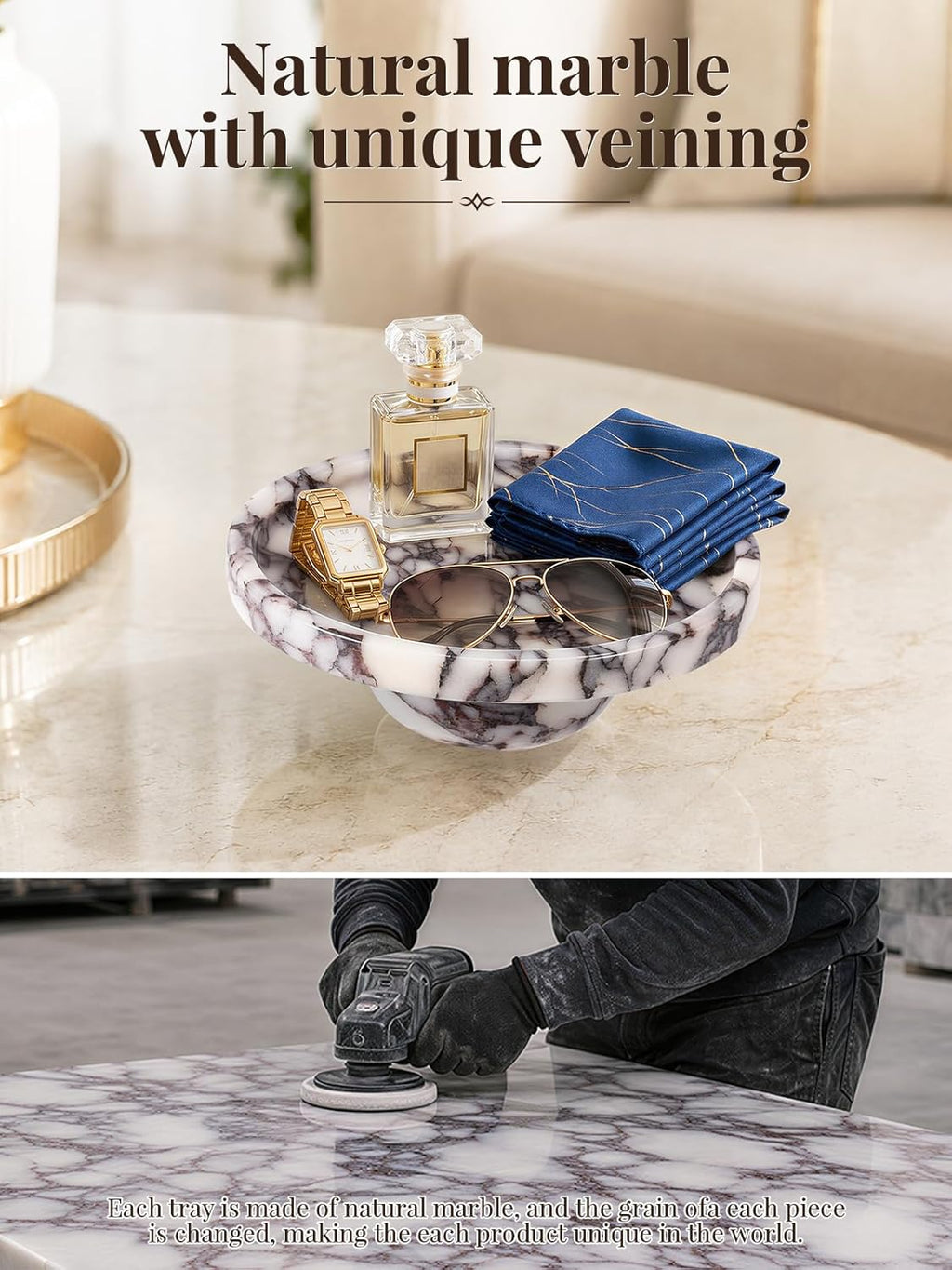 Natural Marble Tray with Legs, 7 Inch Round Marble Tray for Bathroom Counter, Vanity Perfume Decorative Tray for Candle, Jewelry & Keys Catchall for Coffee Table Decor, Living Room, Entryway