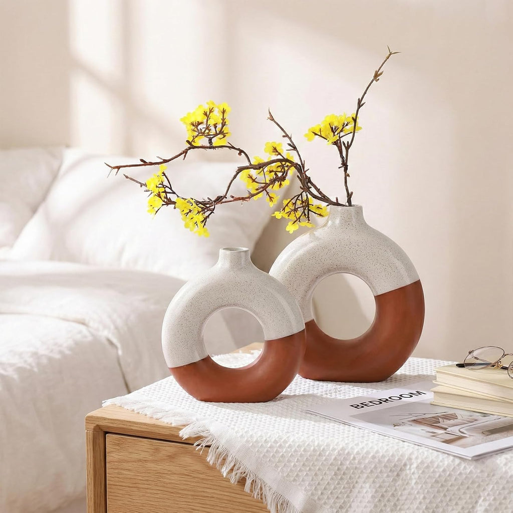 Terracotta Vase Decor Donut Vase Set of 2 - Circle Hollow Vases, Modern Matte Ceramic Vases for Entryway Living Room Bedroom Dining Table Centerpiece Office Home Decor