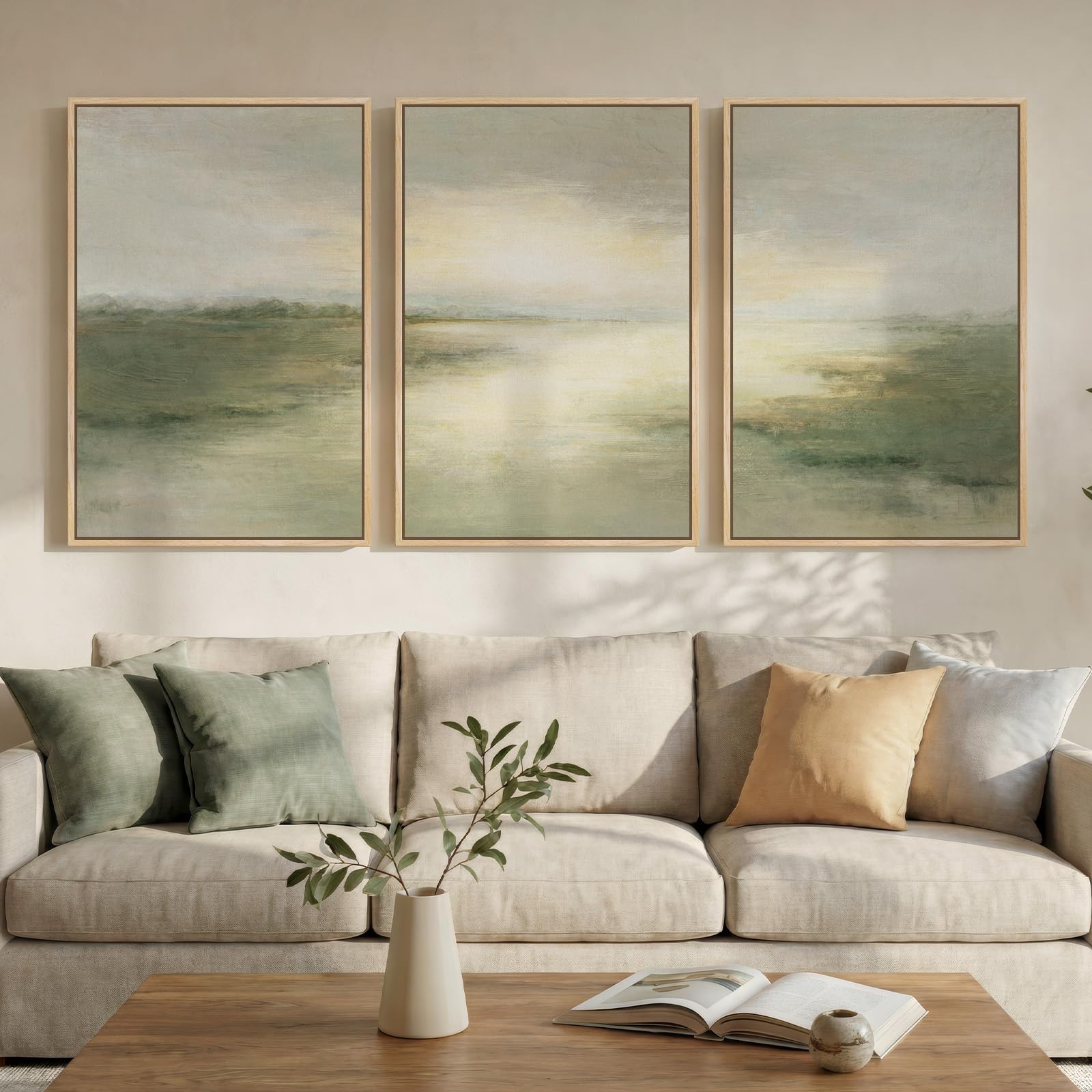 Large Framed Blue and Neutral Abstract Wall Art for Living Room, 3 Piece Modern Canvas Prints Paintings Artwork for Walls, Minimalist Pictures for Bedroom Dining Room Hallway Wall Decor 24x36 Inch