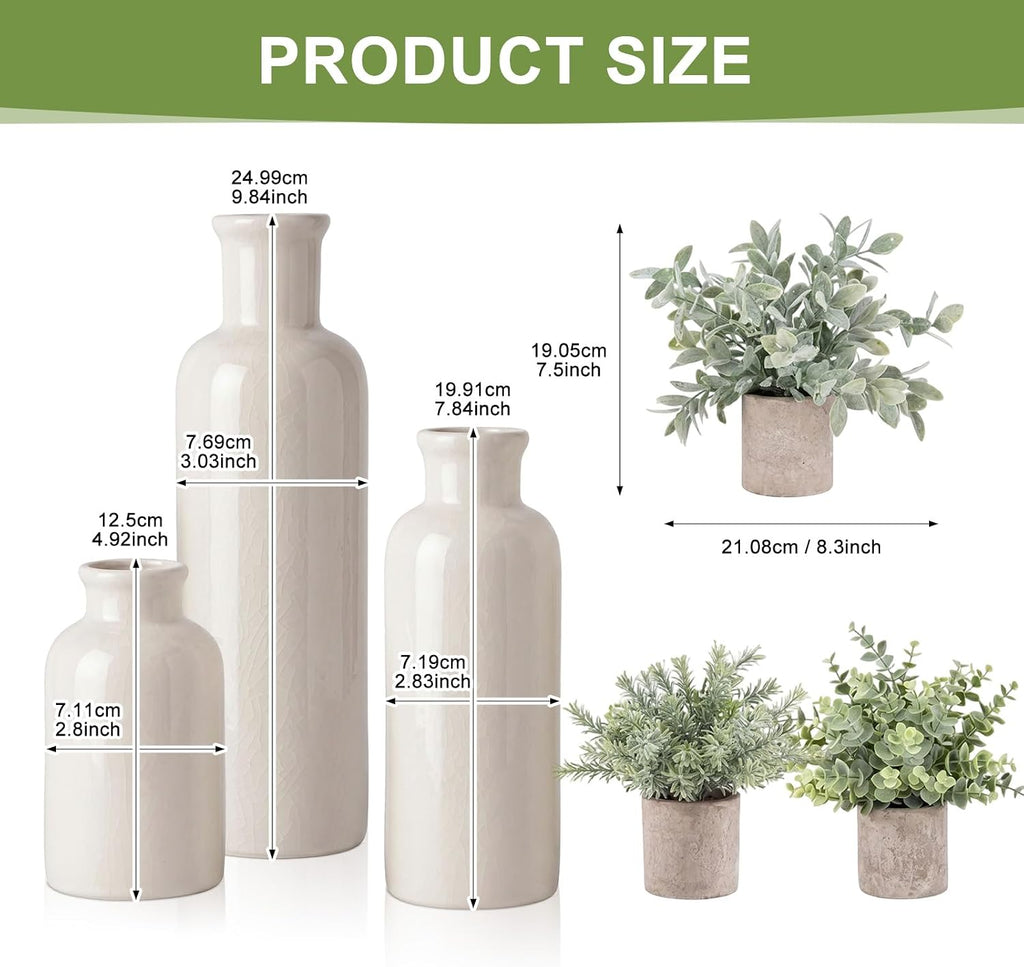 6 Pcs Rustic Boho Table Decor Set Includes Boho White Ceramic Vases and Mini Artificial Potted Plants for Living Room Weeding, Office Desk, Farmhouse Bathroom, and Kitchen Decor