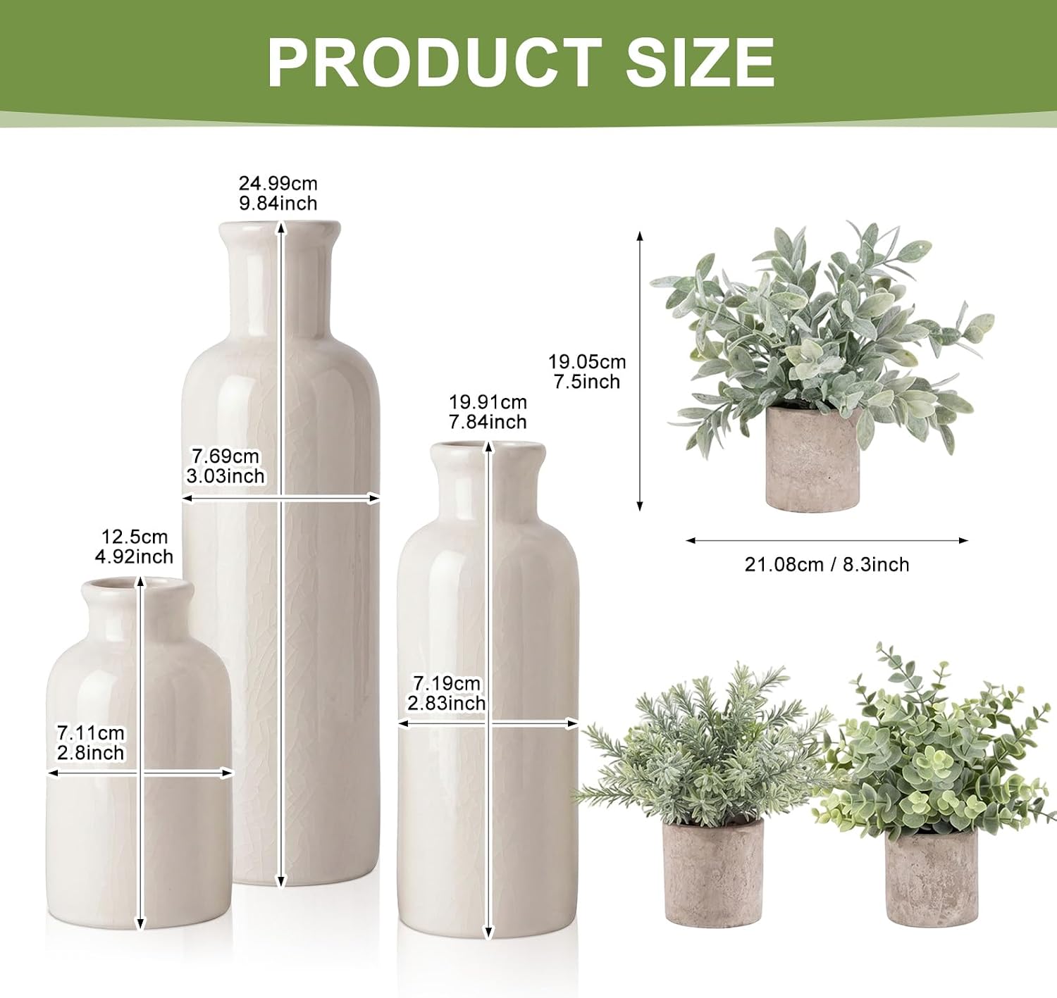 6 Pcs Rustic Boho Table Decor Set Includes Boho White Ceramic Vases and Mini Artificial Potted Plants for Living Room Weeding, Office Desk, Farmhouse Bathroom, and Kitchen Decor