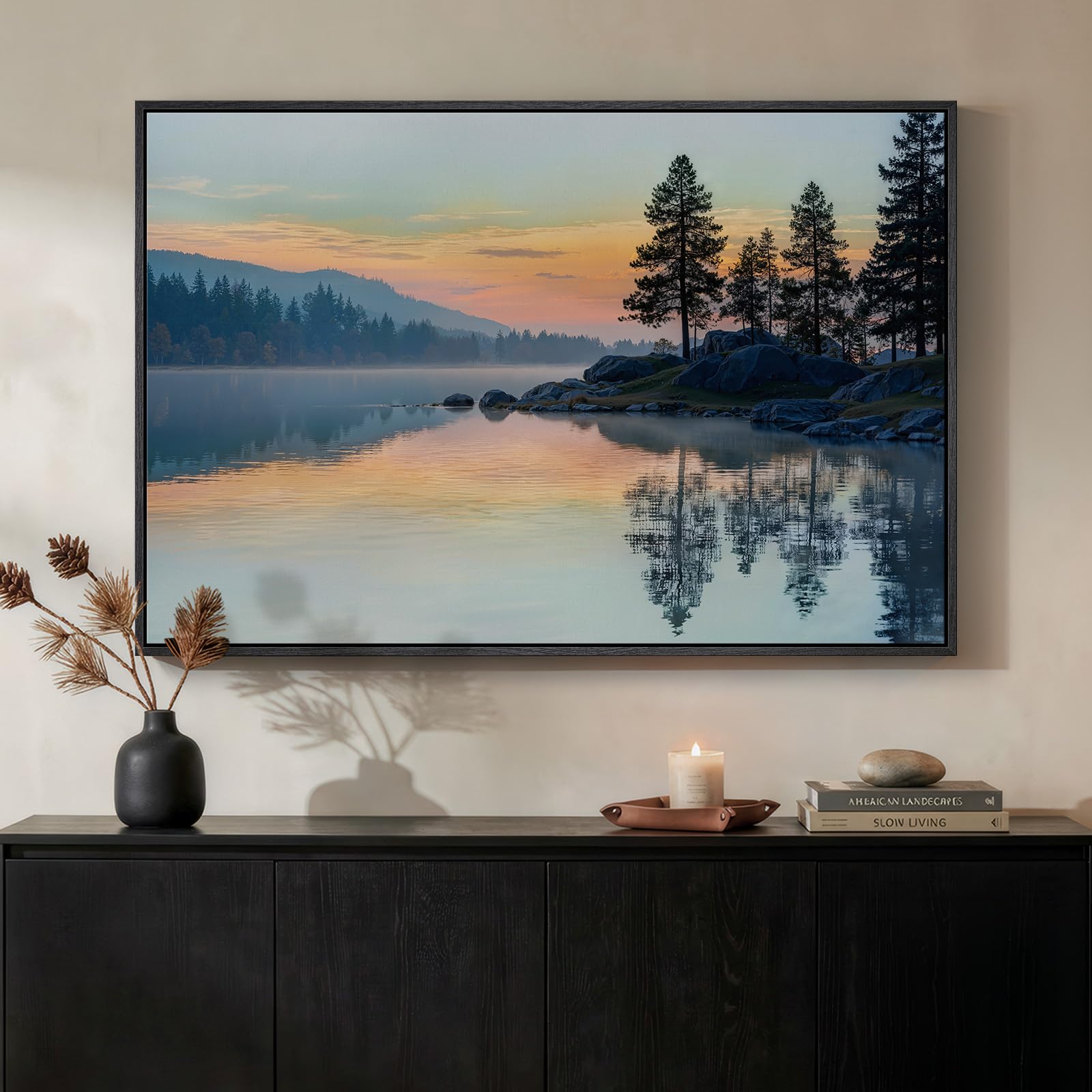 Framed Blue Abstract Forest Wall Art, Horizontal Watercolor Canvas Artwork for Walls, Modern Picture Print Wall Decor, Abstract Landscape Artwork for Living Room Bedroom Office Dining Room, 24x36 Inch