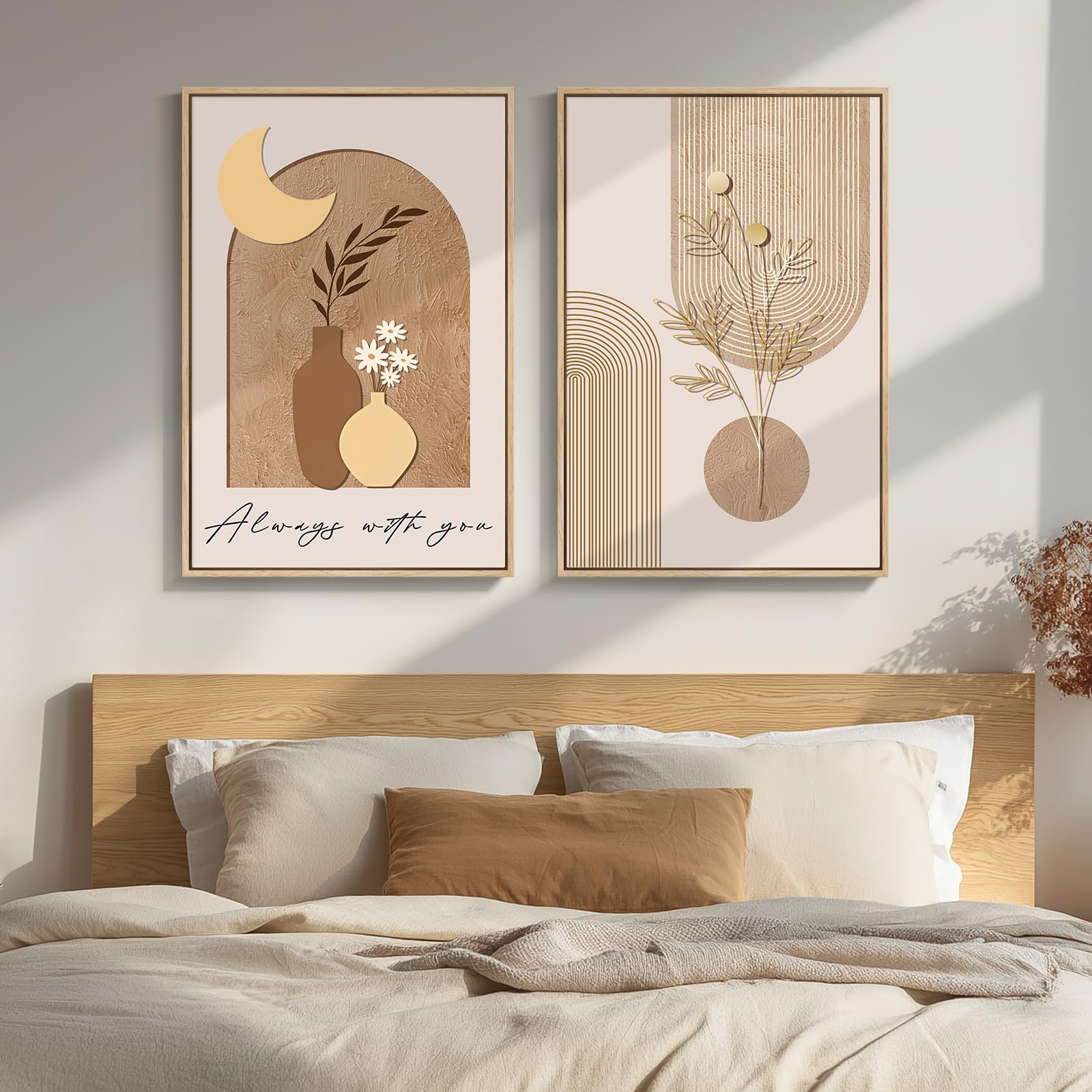 Framed Neutral Abstract Landscape Wall Art for Living Room, Large Set of 2 Minimalist Tree Canvas Artwork for Walls, Modern Nature Scenic Paintings Prints Wall Decor for Bedroom Home Office, 20x30 In