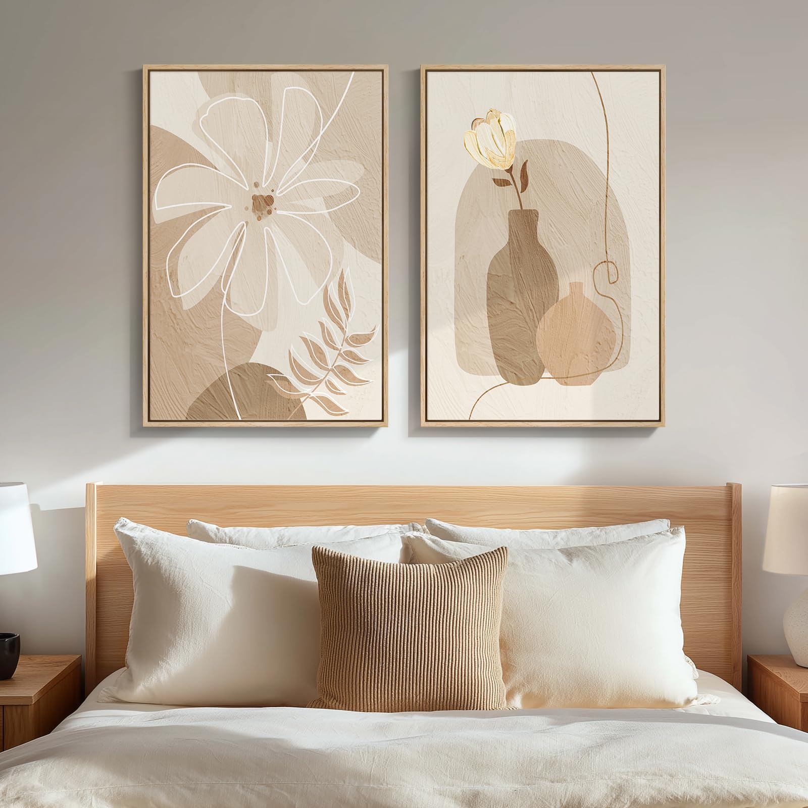 Framed Neutral Abstract Landscape Wall Art for Living Room, Large Set of 2 Minimalist Tree Canvas Artwork for Walls, Modern Nature Scenic Paintings Prints Wall Decor for Bedroom Home Office, 20x30 In
