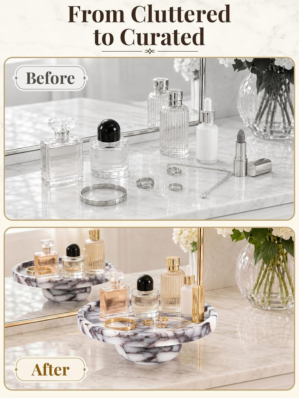 Natural Marble Tray with Legs, 7 Inch Round Marble Tray for Bathroom Counter, Vanity Perfume Decorative Tray for Candle, Jewelry & Keys Catchall for Coffee Table Decor, Living Room, Entryway