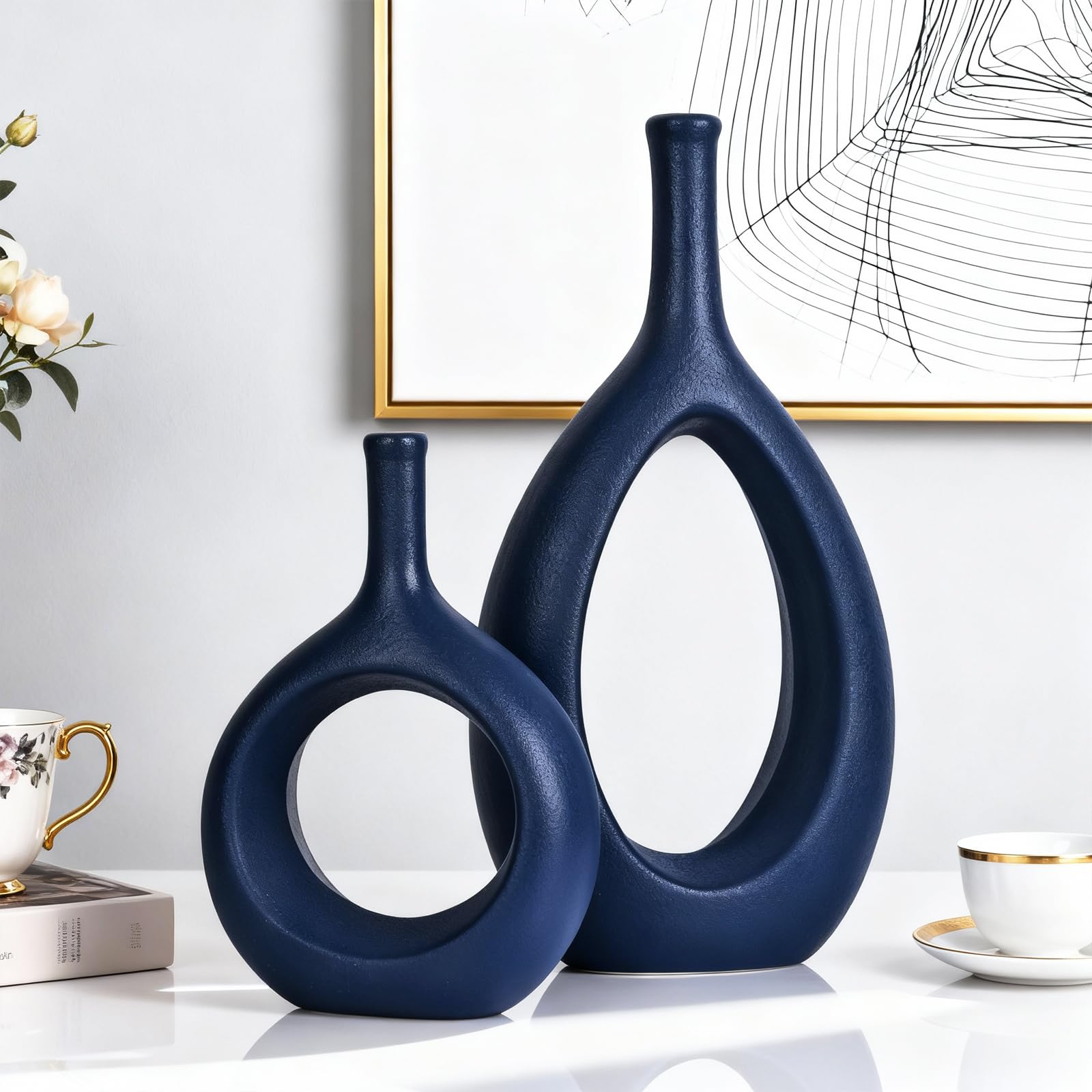 Black and White Ceramic Hollow Elliptical Vase Set of 2 - Boho Circle Vase with Hole, for Modern Black and White Table Decor, Living Room Decor Shelf mid Century Modern Home Entrance Decorative vase
