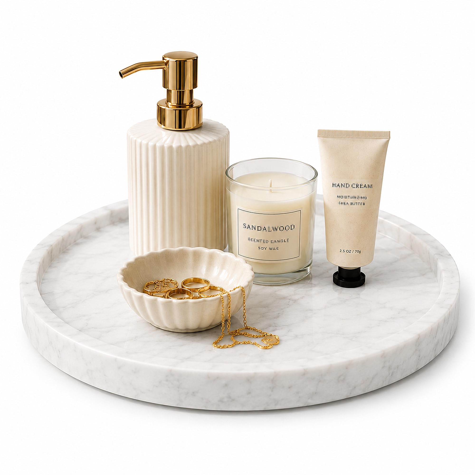 Natural Marble Vanity Tray for Bathroom Kitchen Dresser, Travertine Stone Decorative Trays for Jewelry, Perfume, Cosmetic, Candle, Round Countertop Storage Organizer for Home Decor Beige (WH019)
