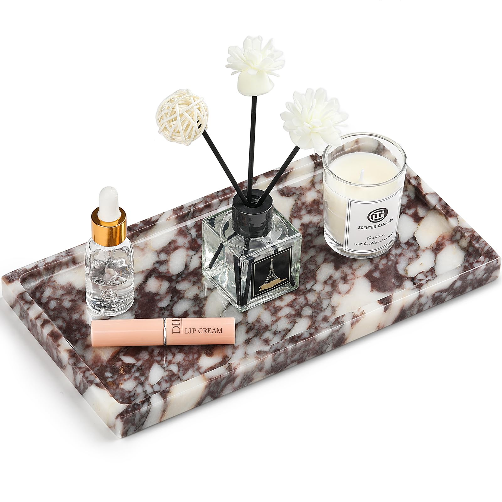 Natural Marble Vanity Tray - Moujings Genuine Marble Perfume Tray for Bathroom Decor, Stone Bathroom Vanity Organizer Tray for Kitchen Counter, Candles, Jewelry, Coffee, Makeup, Key