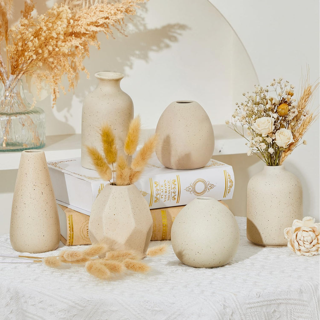 6 Pcs Mini Beige Ceramic Vase Set, Modern Boho Bud Vases for Dried Flowers Plants, Small Decorative Pottery Vases for Home Decor, Wedding, Bookshelf, Coffee Table Centerpiece