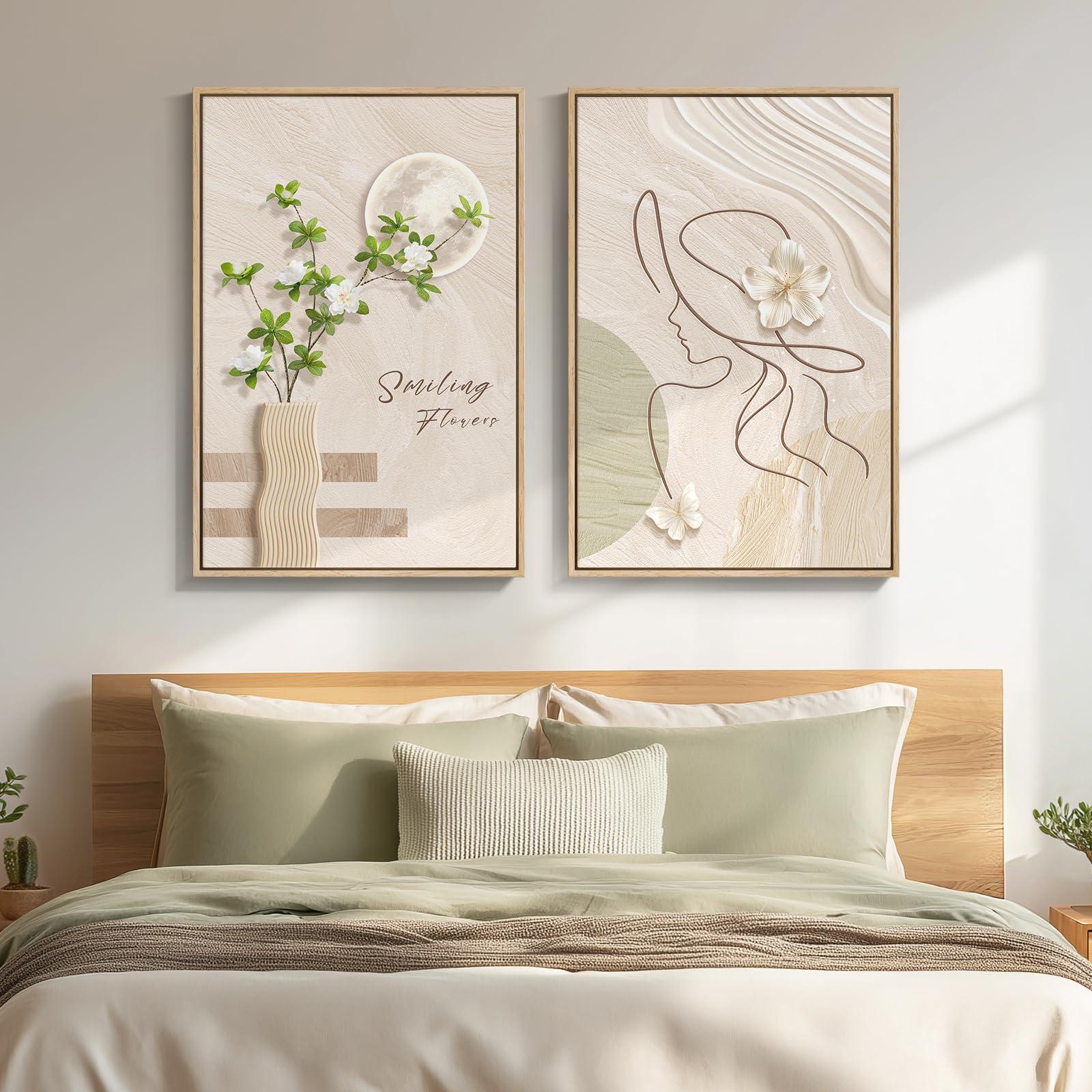 Framed Neutral Abstract Landscape Wall Art for Living Room, Large Set of 2 Minimalist Tree Canvas Artwork for Walls, Modern Nature Scenic Paintings Prints Wall Decor for Bedroom Home Office, 20x30 In