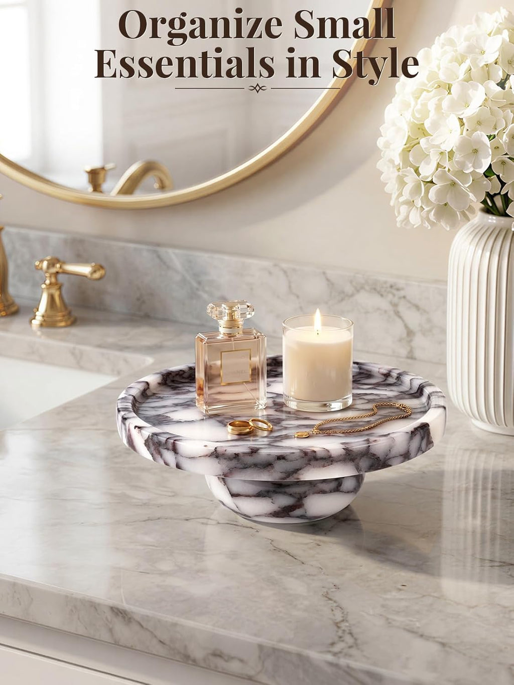 Natural Marble Tray with Legs, 7 Inch Round Marble Tray for Bathroom Counter, Vanity Perfume Decorative Tray for Candle, Jewelry & Keys Catchall for Coffee Table Decor, Living Room, Entryway
